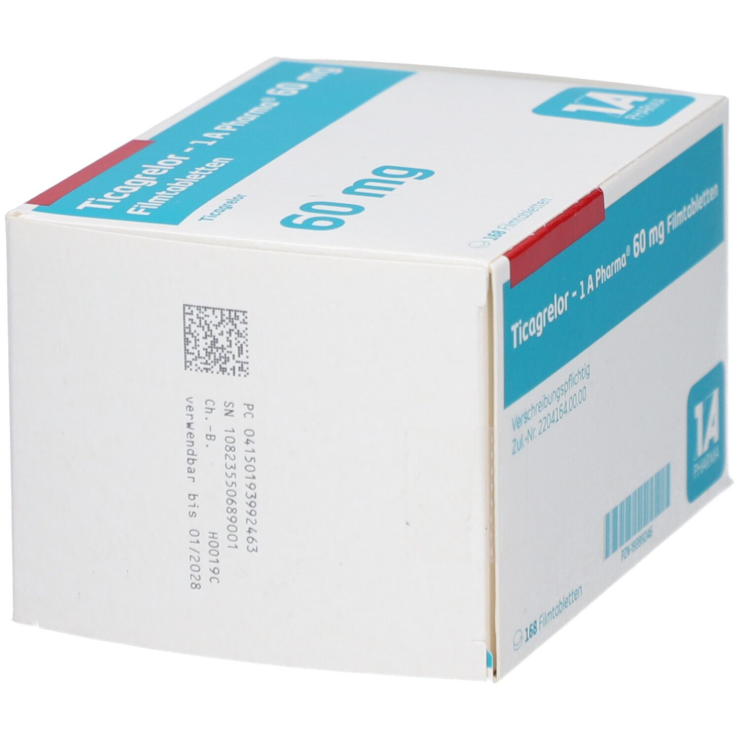 Schachtel mit Ticagrelor - 1 A Pharma 60 mg Filmtabletten. Aufschrift: 60 mg. Logo 1A Pharma. QR-Code und Verfallsdatum.