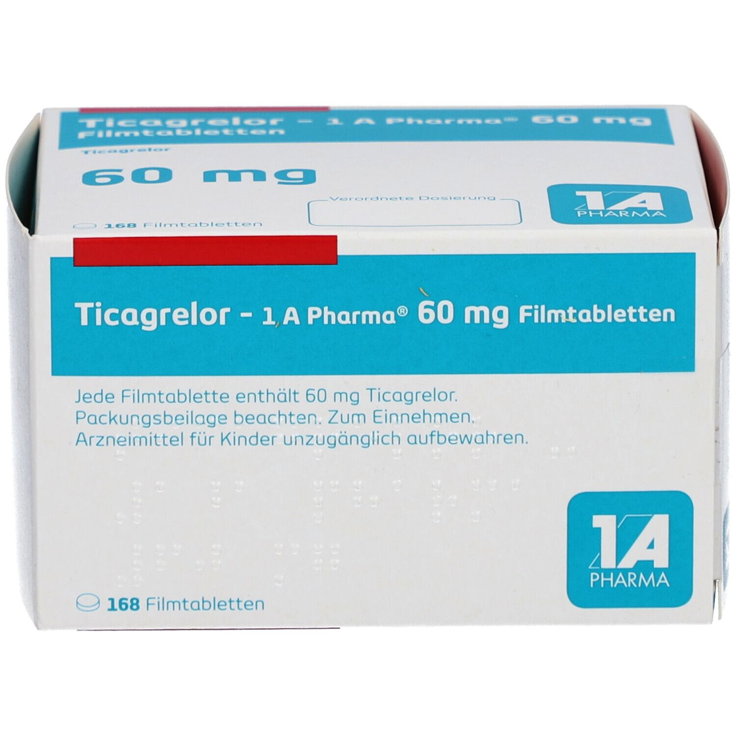 Schachtel mit Ticagrelor - 1 A Pharma 60 mg Filmtabletten. Aufschrift: 60 mg, 168 Filmtabletten. Logo 1A Pharma. Blindenschrift.