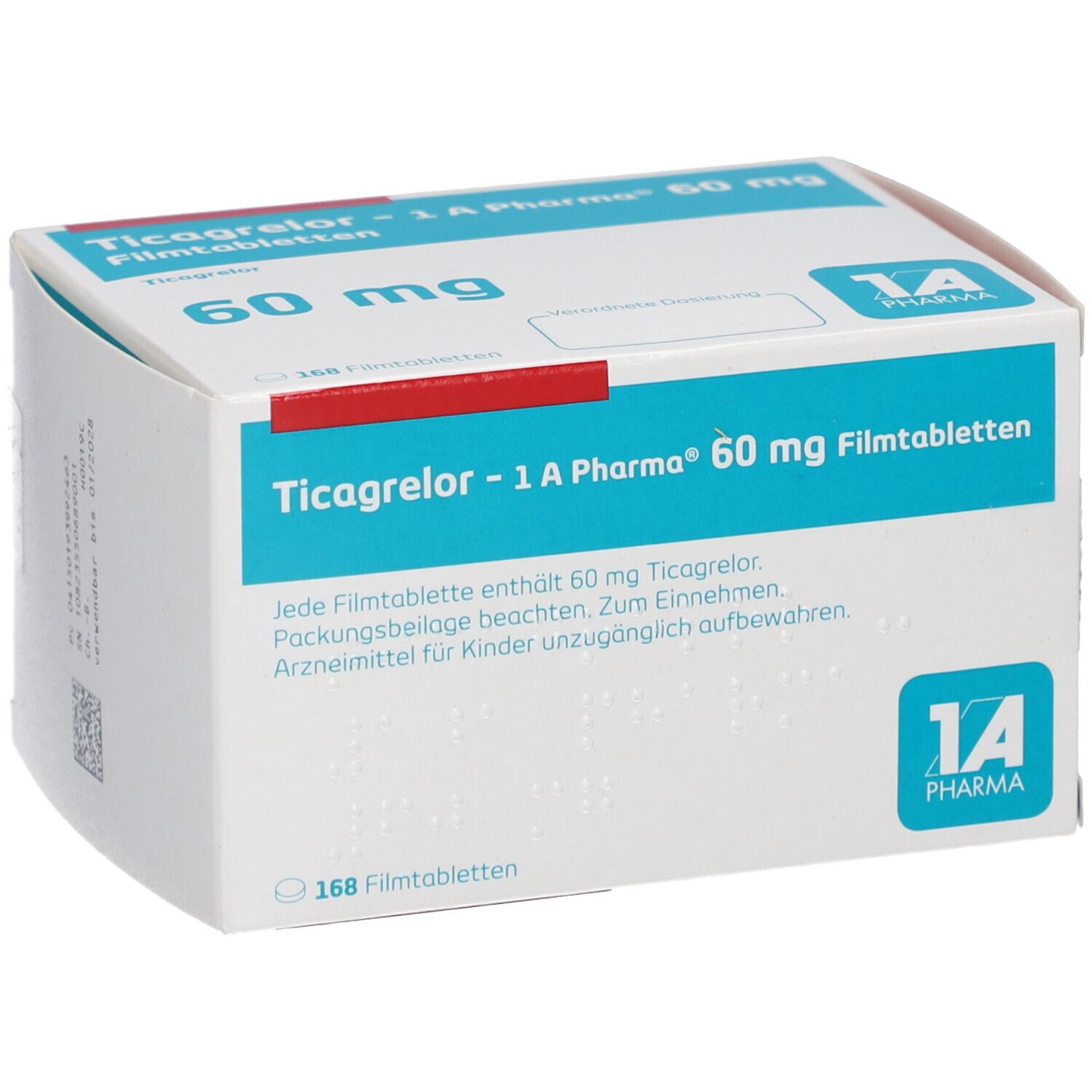 Schachtel mit Ticagrelor - 1 A Pharma 60 mg Filmtabletten. Aufschrift: 60 mg, 168 Filmtabletten. Logo 1A Pharma. Blindenschrift.