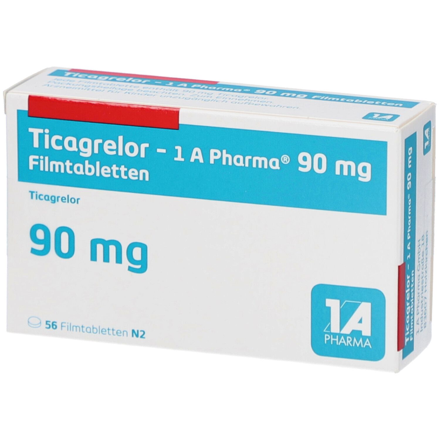 Schachtel mit TICAGRELOR-1A Pharma 90 mg Filmtabletten. Blaue und weiße Verpackung mit rotem Streifen. 56 Tabletten.