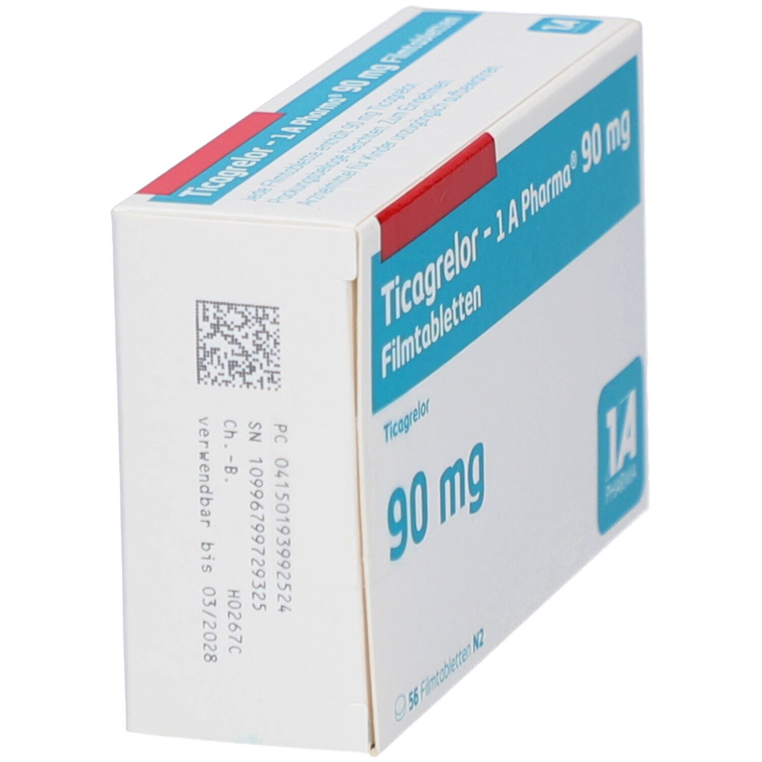 Schachtel TICAGRELOR-1A Pharma 90 mg Filmtabletten. Seitenansicht mit Barcode und Verfallsdatum. Blaue und weiße Verpackung.