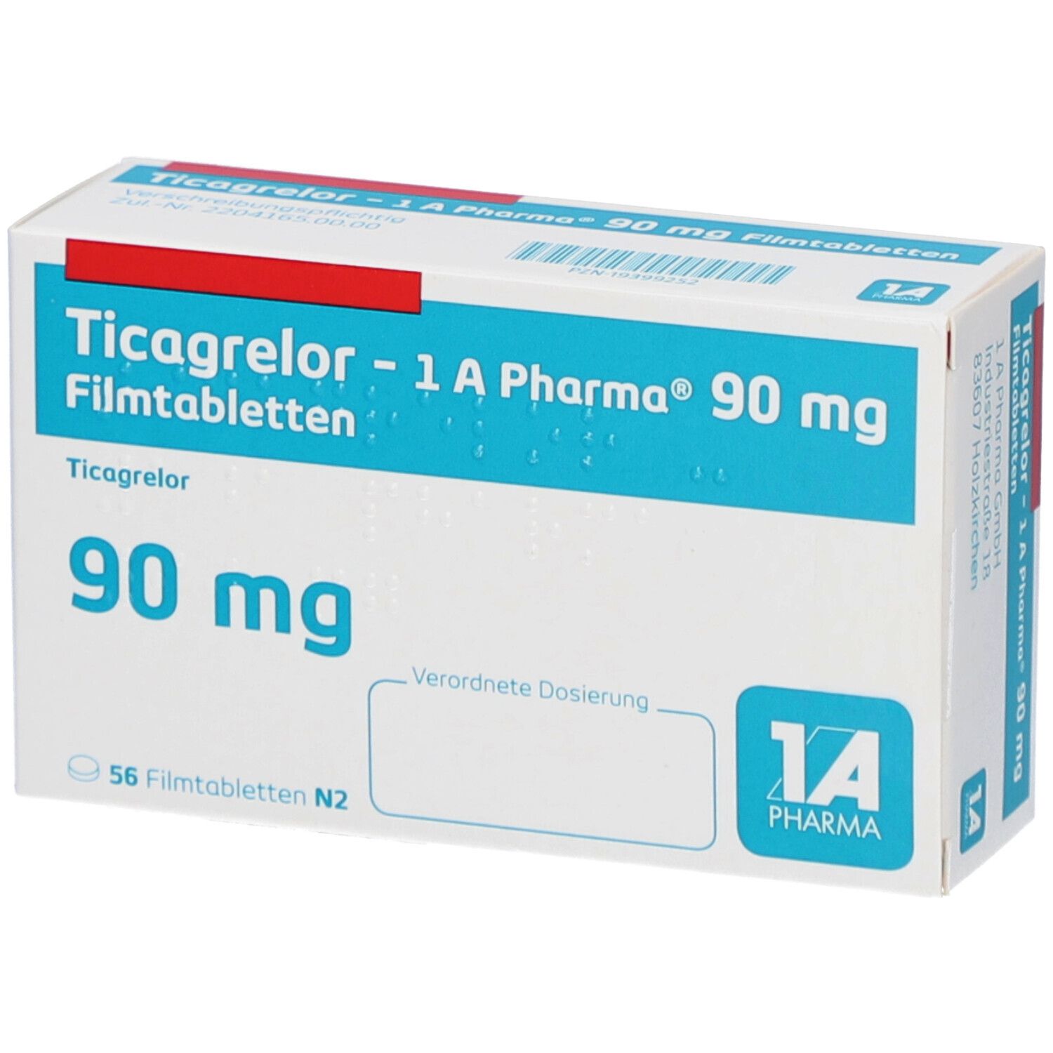 Schachtel mit TICAGRELOR-1A Pharma 90 mg Filmtabletten. Blaue und weiße Verpackung mit rotem Streifen. 56 Tabletten.