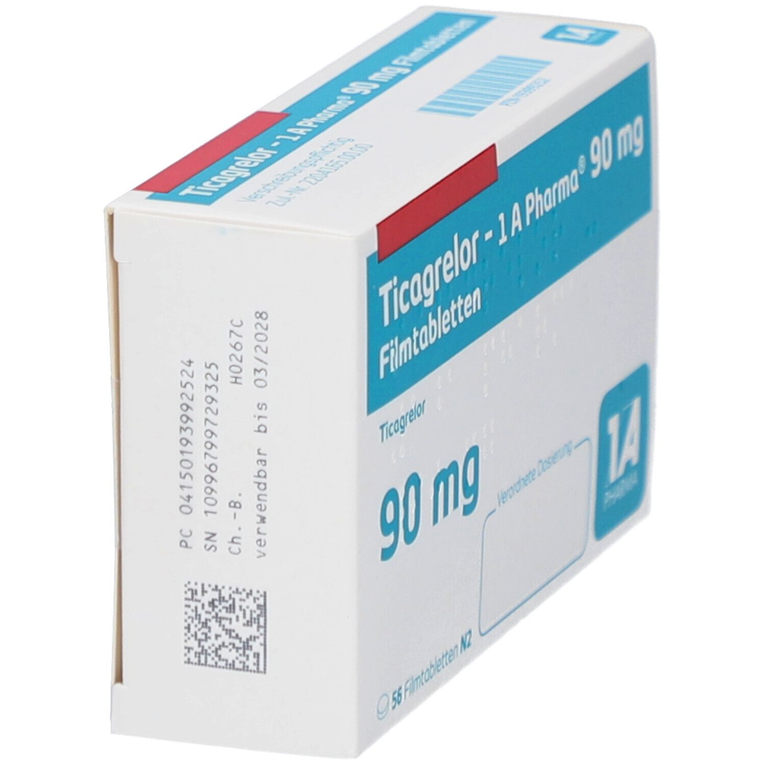 Schachtel TICAGRELOR-1A Pharma 90 mg Filmtabletten. Seitenansicht mit Barcode und Verfallsdatum. Blaue und weiße Verpackung.