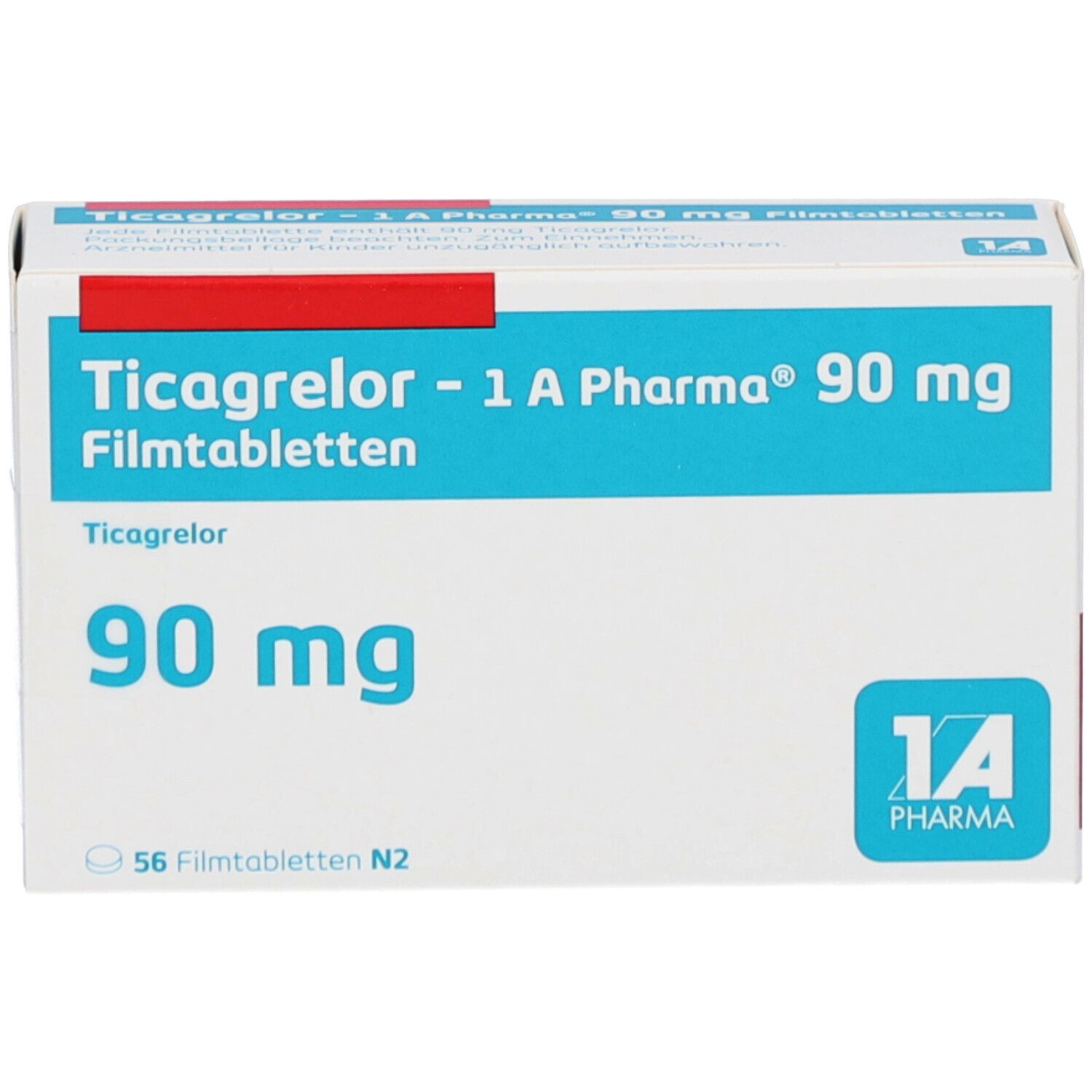 Schachtel mit TICAGRELOR-1A Pharma 90 mg Filmtabletten. Blaue und weiße Verpackung mit rotem Streifen. 56 Tabletten.