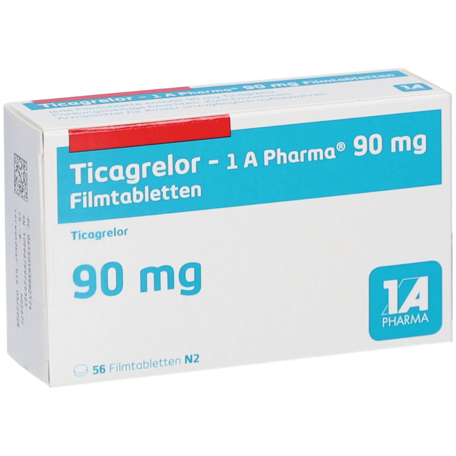 Schachtel mit TICAGRELOR-1A Pharma 90 mg Filmtabletten. Blaue und weiße Verpackung mit rotem Streifen. 56 Tabletten.