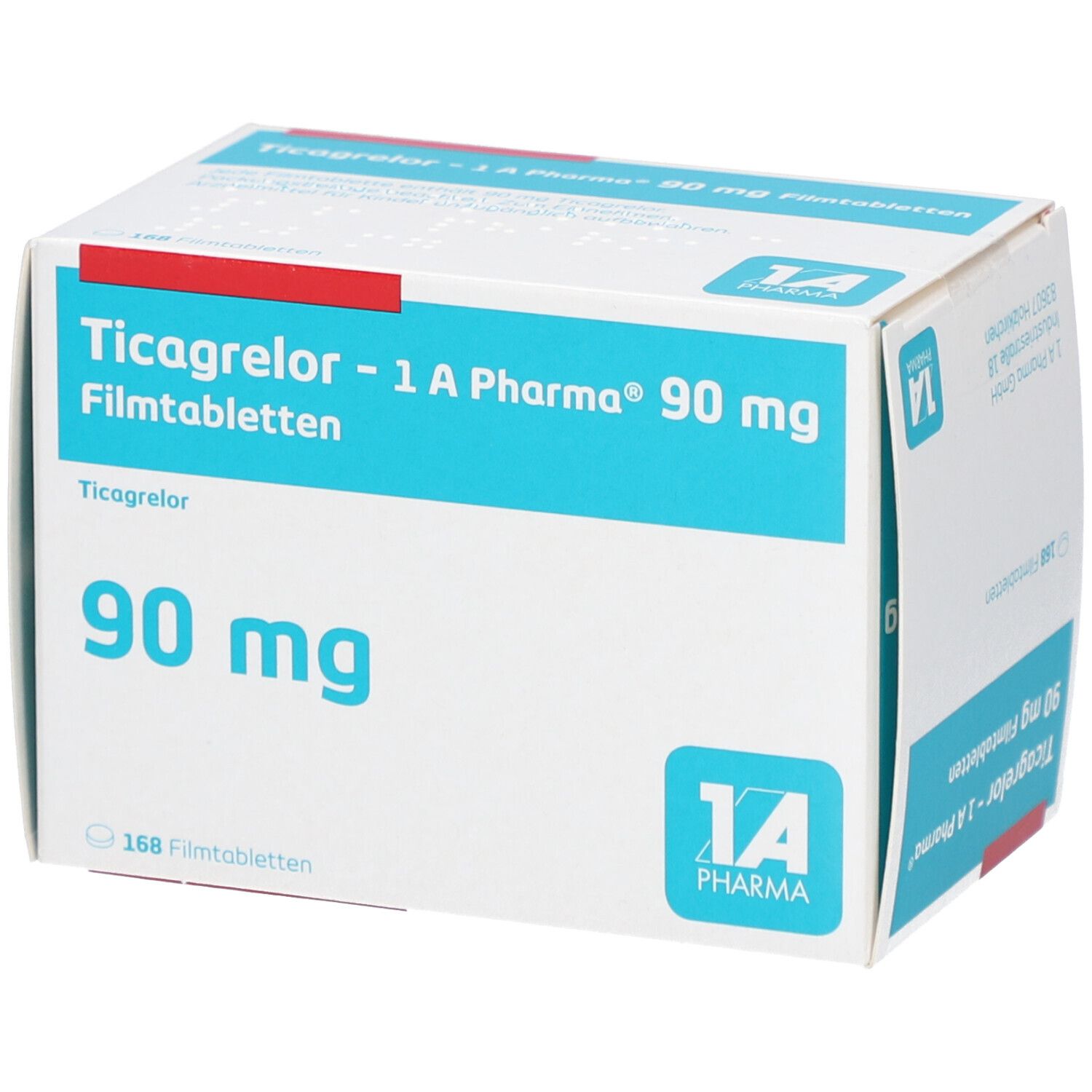 Schachtel mit Ticagrelor - 1 A Pharma 90 mg Filmtabletten. Blaue und weiße Verpackung mit rotem Akzent. 168 Filmtabletten.