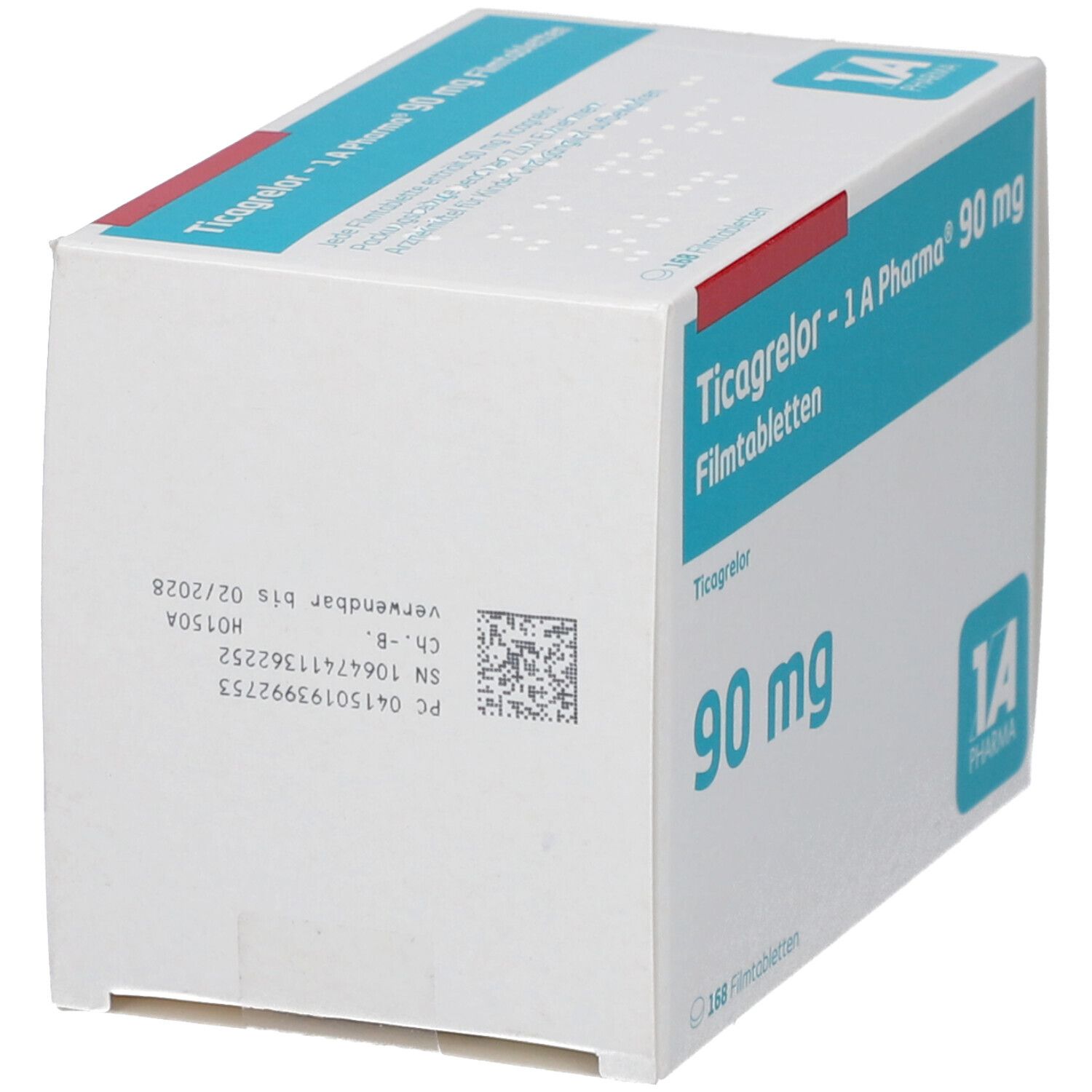 Schachtel mit Ticagrelor - 1 A Pharma 90 mg Filmtabletten. Weiße Verpackung mit blauen und roten Akzenten. Barcode und Verfallsdatum.