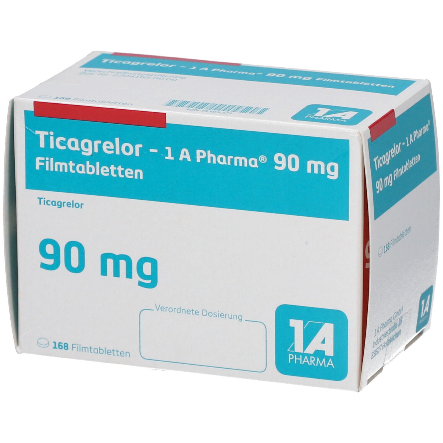Schachtel mit Ticagrelor - 1 A Pharma 90 mg Filmtabletten. Blaue und weiße Verpackung mit rotem Akzent. 168 Filmtabletten.