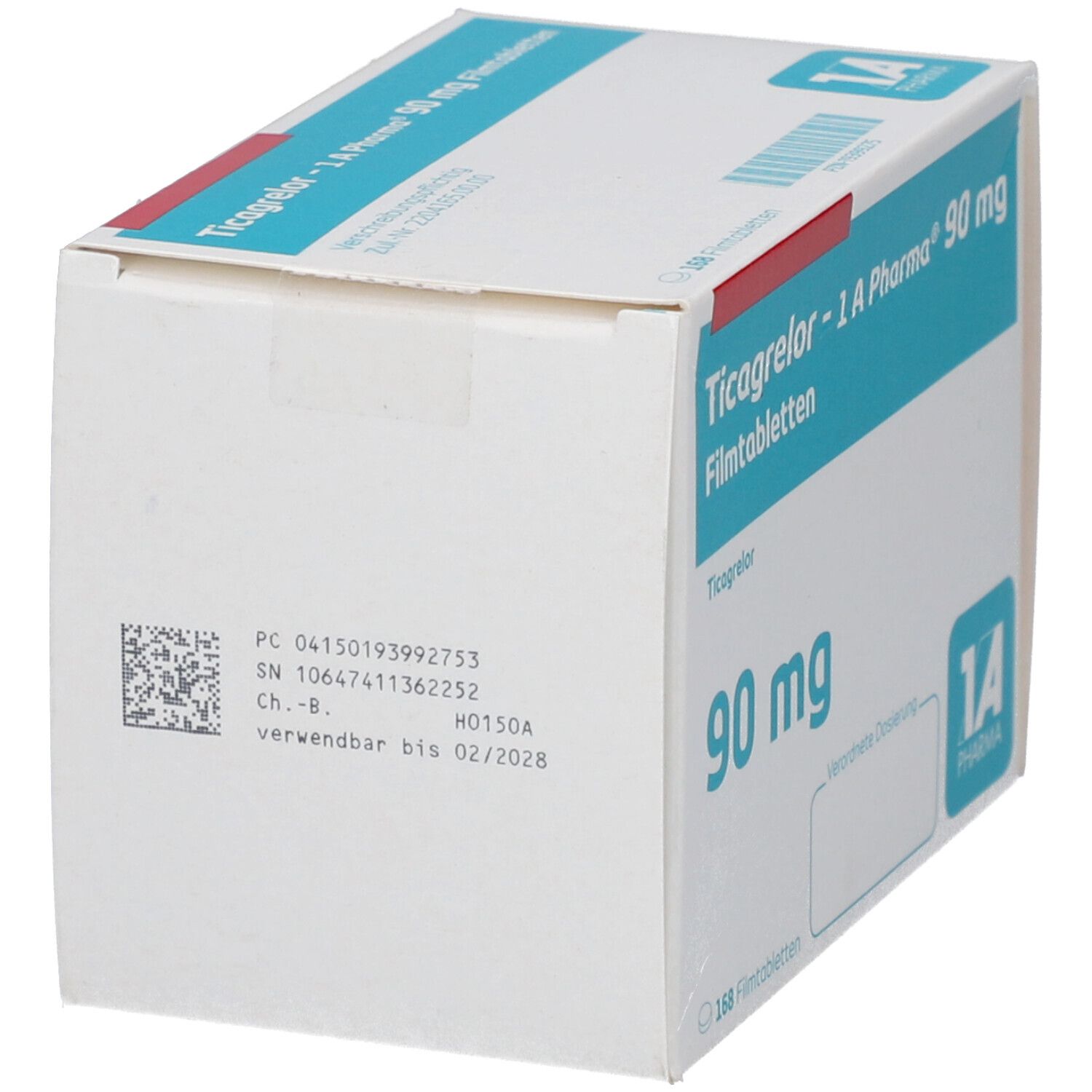 Schachtel mit Ticagrelor - 1 A Pharma 90 mg Filmtabletten. Weiße Verpackung mit blauen und roten Akzenten. Barcode und Verfallsdatum.