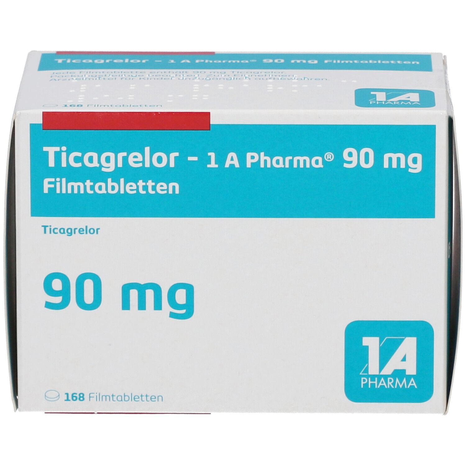 Schachtel mit Ticagrelor - 1 A Pharma 90 mg Filmtabletten. Blaue und weiße Verpackung mit rotem Akzent. 168 Filmtabletten.
