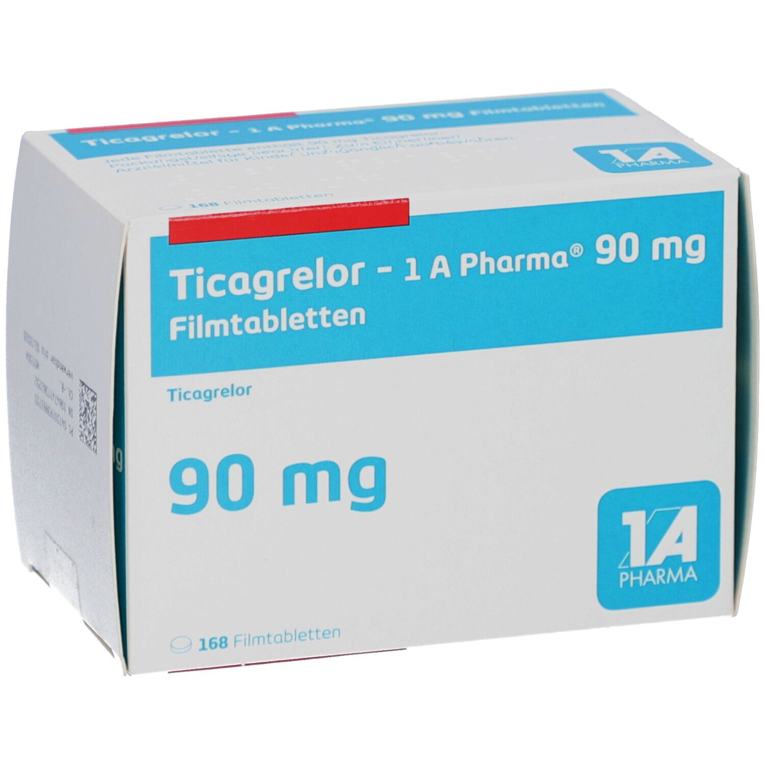 Schachtel mit Ticagrelor - 1 A Pharma 90 mg Filmtabletten. Blaue und weiße Verpackung mit rotem Akzent. 168 Filmtabletten.