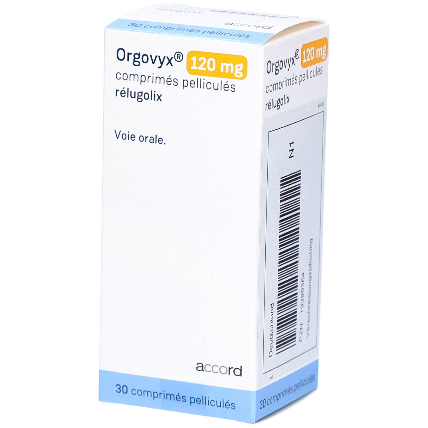 Schachtel mit ORGOVYX 120 mg Filmtabletten. Gelbe Schrift auf weißem Hintergrund. "accord" Logo unten.