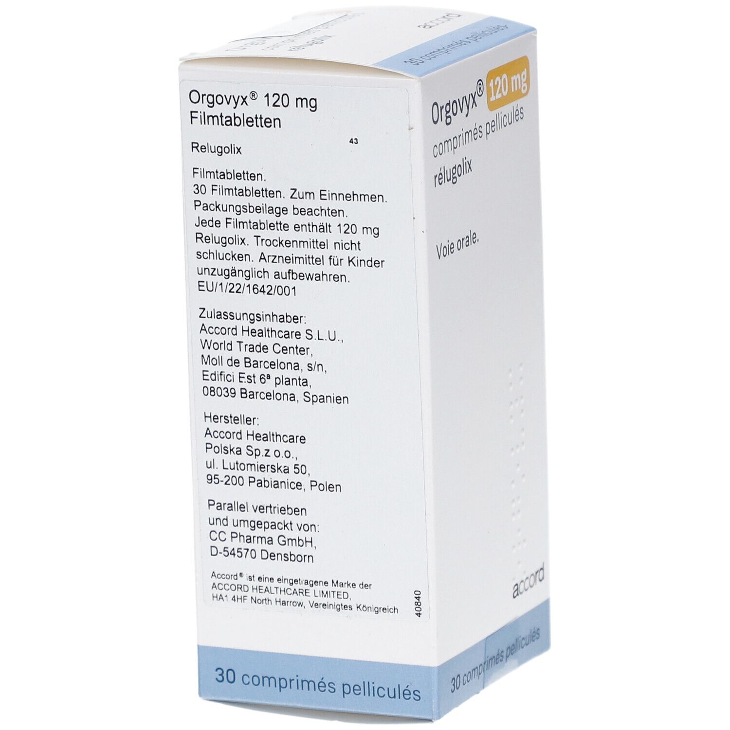 Schachtel ORGOVYX 120 mg Filmtabletten. Textinformationen auf weißem Hintergrund. "accord" Logo unten.