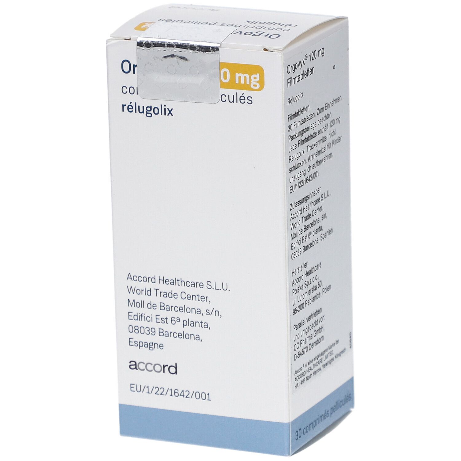 Schachtel ORGOVYX 120 mg Filmtabletten. Geöffnet, Textinformationen sichtbar. "accord" Logo.