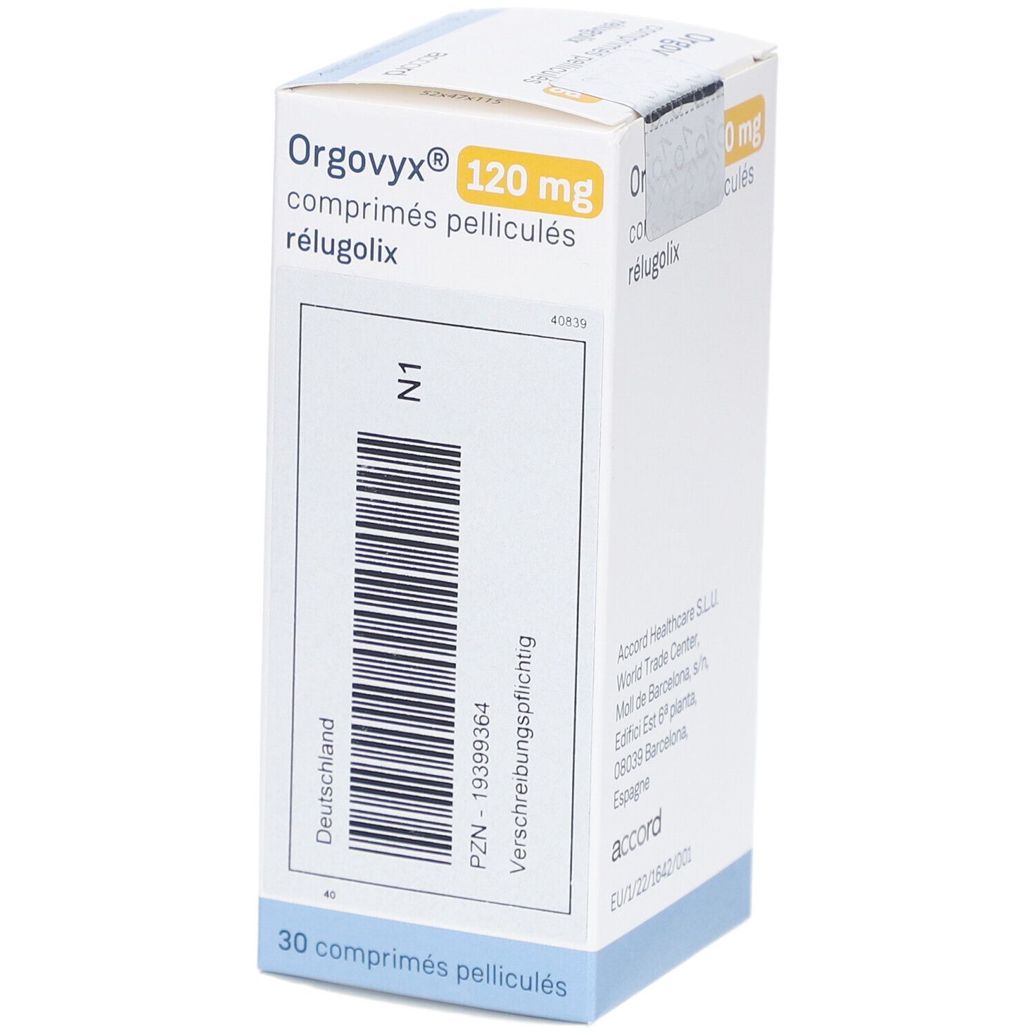 Schachtel ORGOVYX 120 mg Filmtabletten. Barcode und Text auf weißem Hintergrund. "accord" Logo.