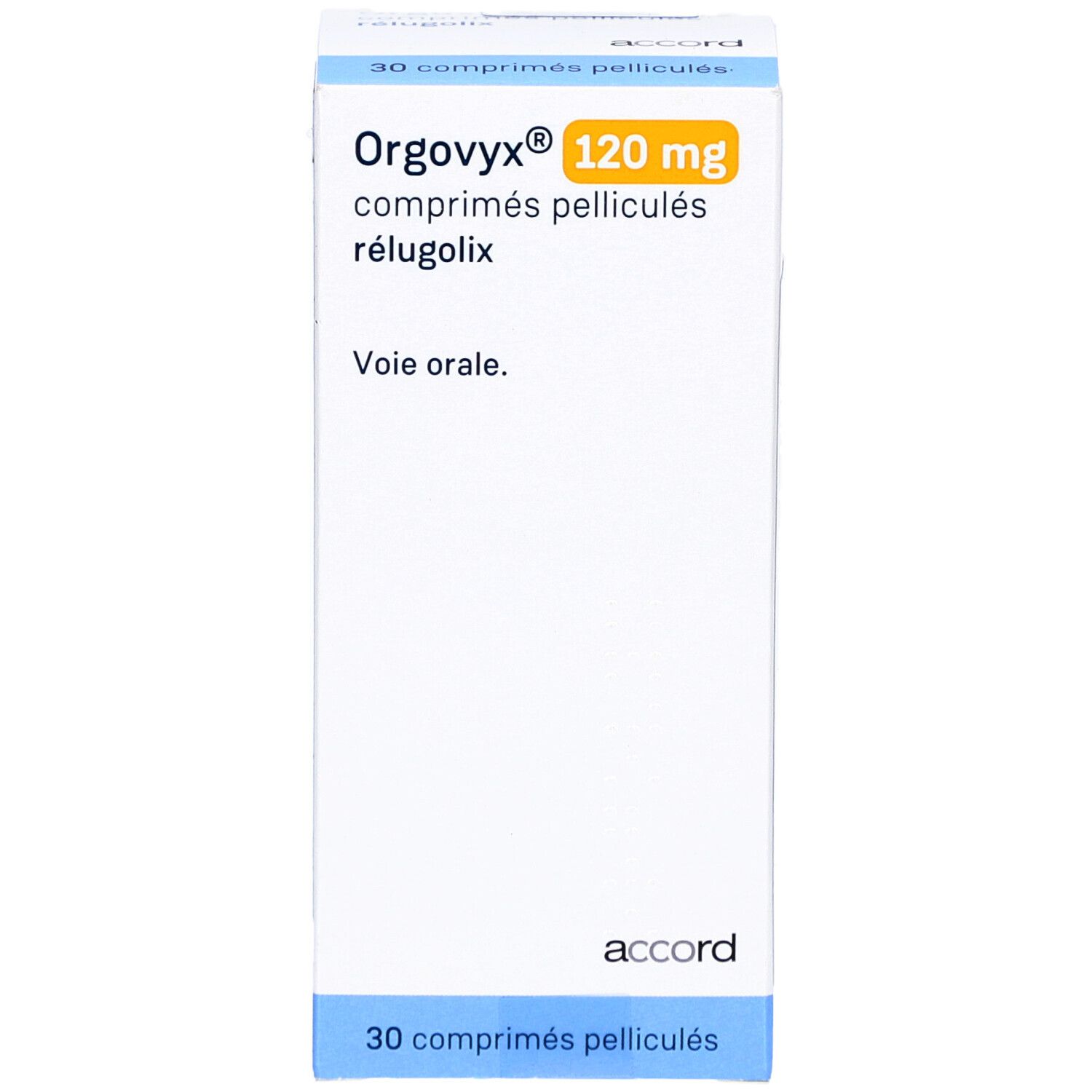 Schachtel ORGOVYX 120 mg Filmtabletten. Gelbe Schrift auf weißem Hintergrund. "accord" Logo unten.