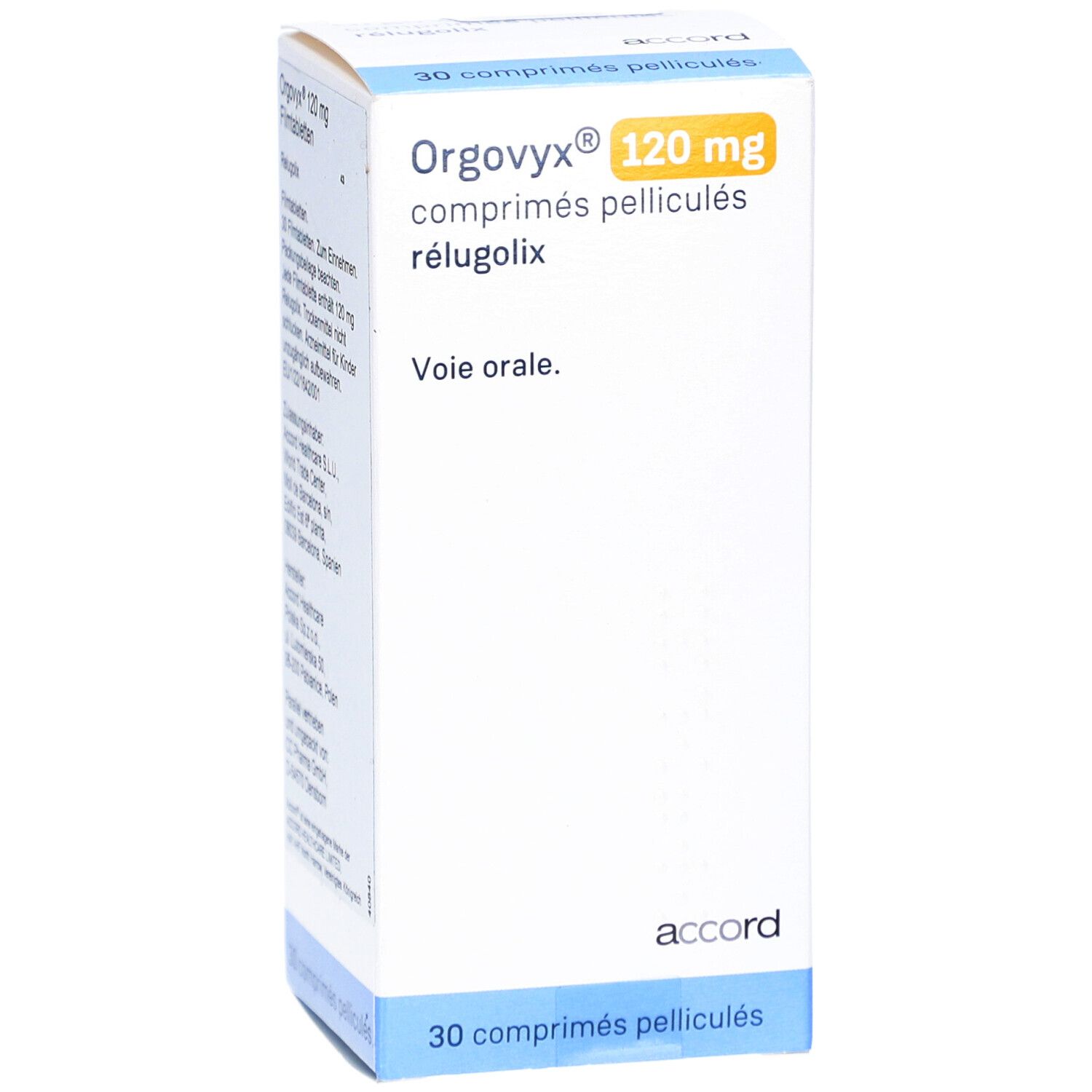 Schachtel ORGOVYX 120 mg Filmtabletten. Gelbe Schrift auf weißem Hintergrund. "accord" Logo unten.