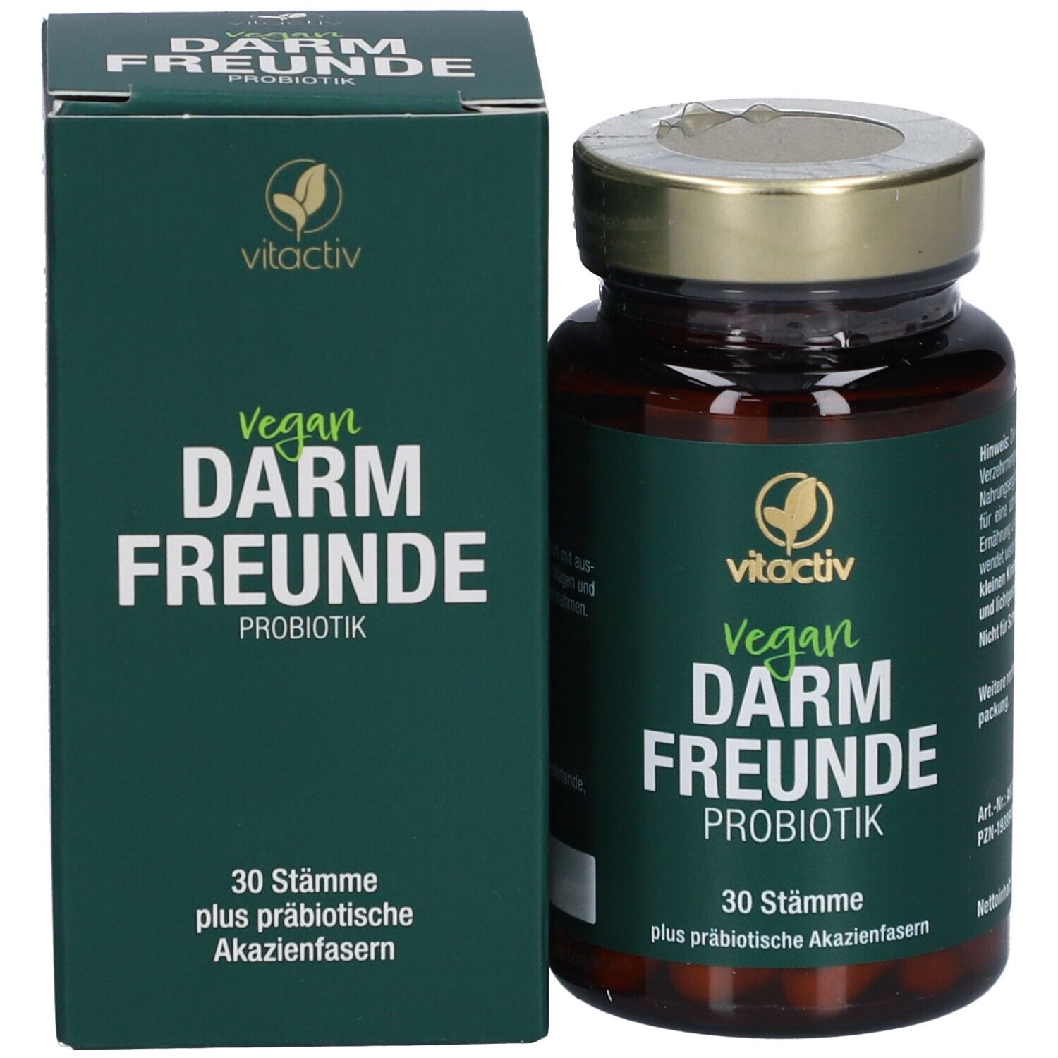 Grüne Verpackung: vitactiv Vegan Darm Freunde Probiotik. 30 Stämme plus präbiotische Akazienfasern.