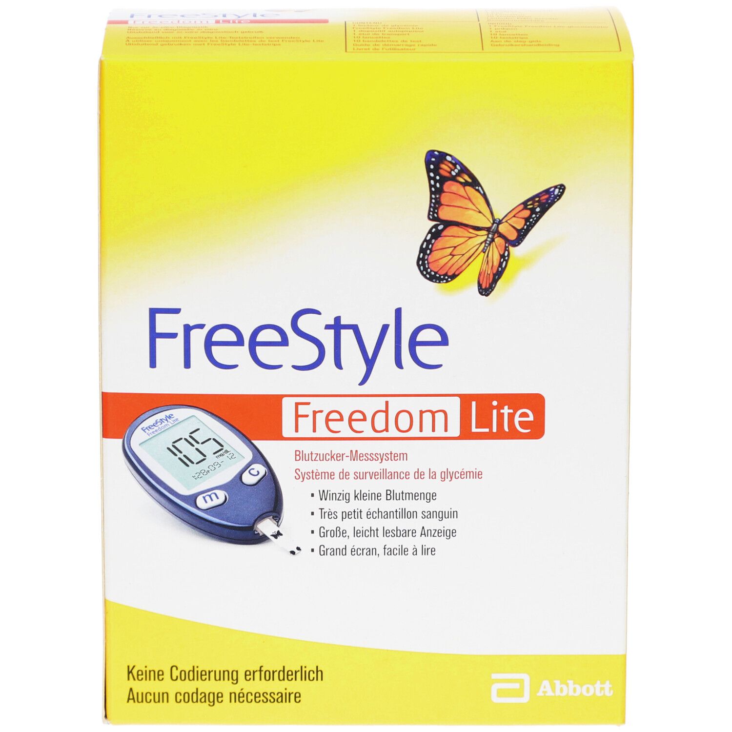 Gelbe Verpackung mit Produktnamen FreeStyle Freedom Lite. Abgebildet ist ein Blutzuckermessgerät. Text: Keine Codierung erforderlich.