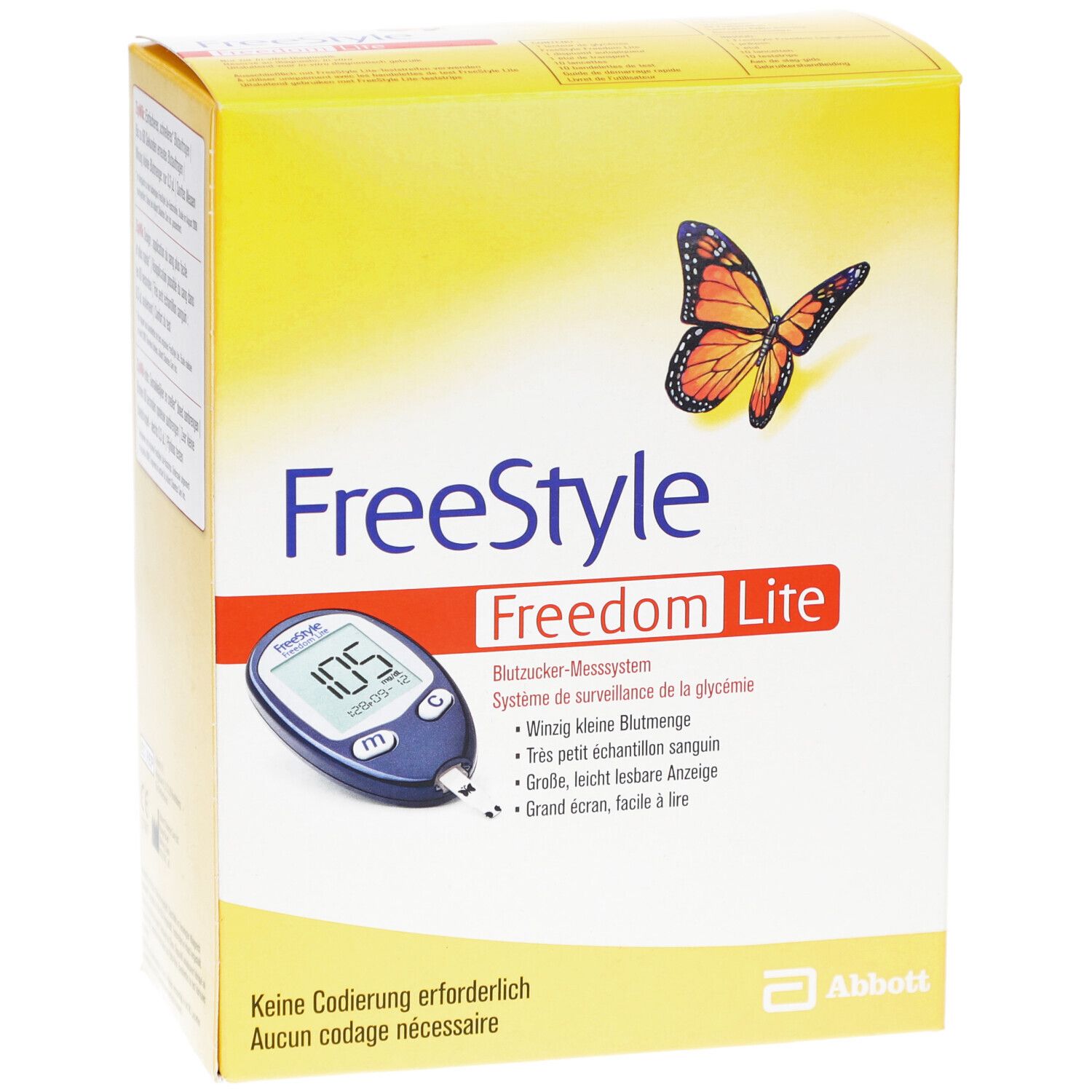 Gelbe Verpackung mit Produktnamen FreeStyle Freedom Lite. Abgebildet ist ein Blutzuckermessgerät. Text: Keine Codierung erforderlich.