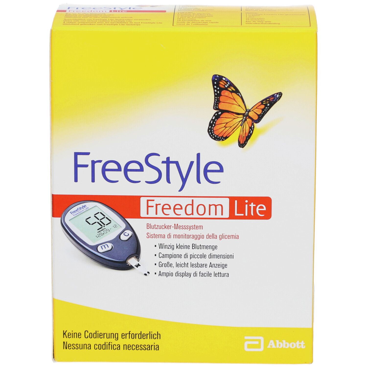 Gelbe Verpackung mit "FreeStyle Freedom Lite" und einem Messgerät. Abbildung eines Schmetterlings. Text: "Keine Codierung erforderlich".