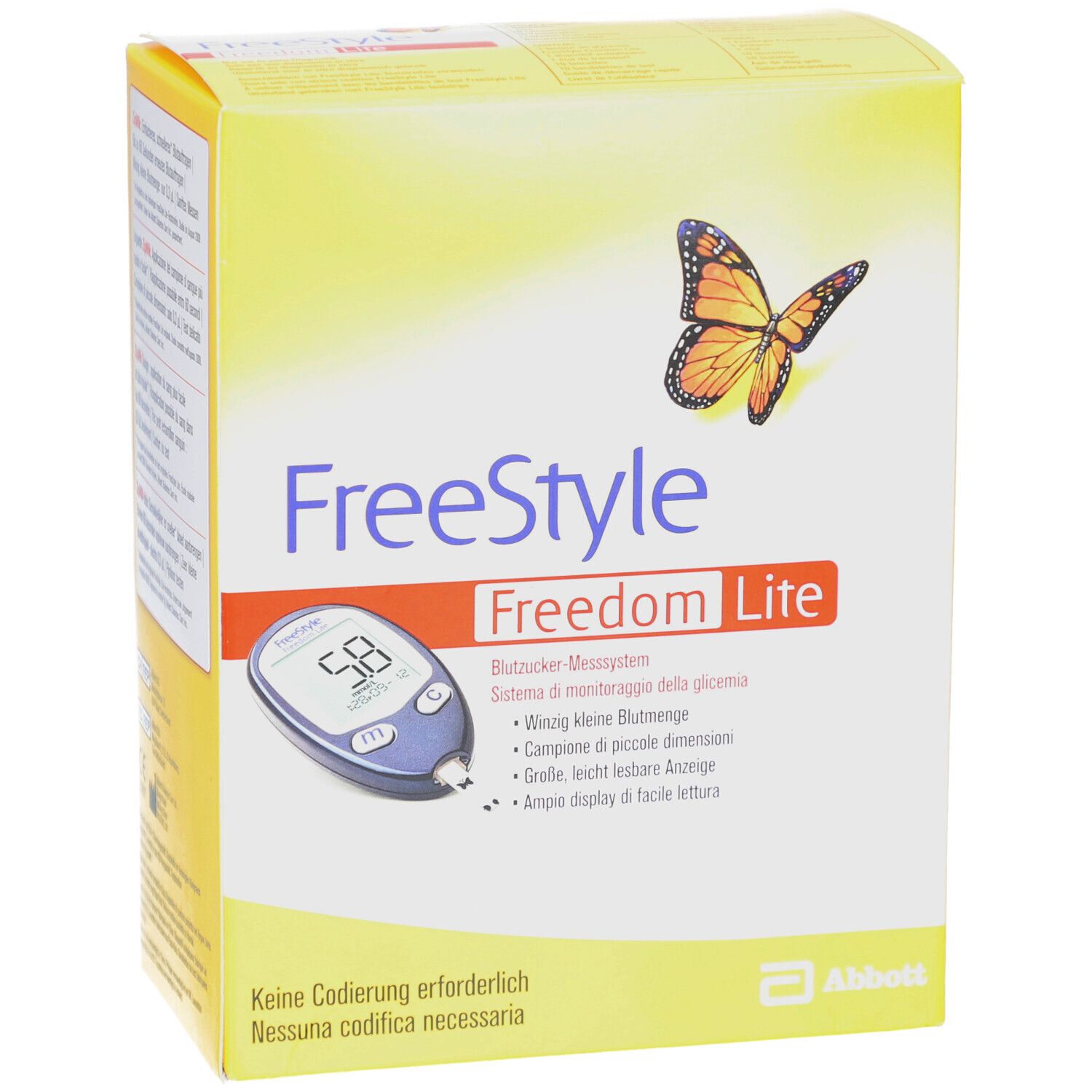 Gelbe Verpackung mit "FreeStyle Freedom Lite" und einem Messgerät. Abbildung eines Schmetterlings. Text: "Keine Codierung erforderlich".