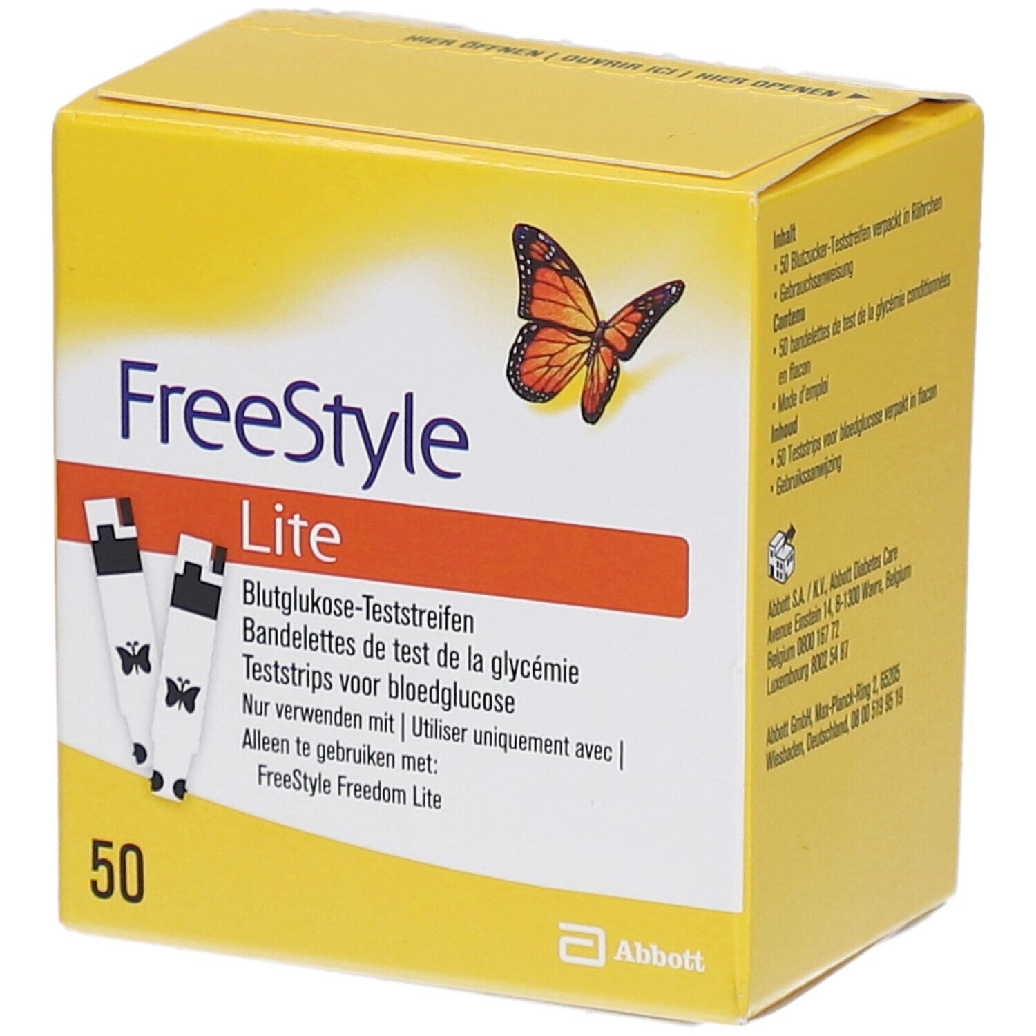 Gelbe Schachtel mit "FreeStyle Lite" und Teststreifen-Abbildung. Enthält 50 Teststreifen. Abbott-Logo.