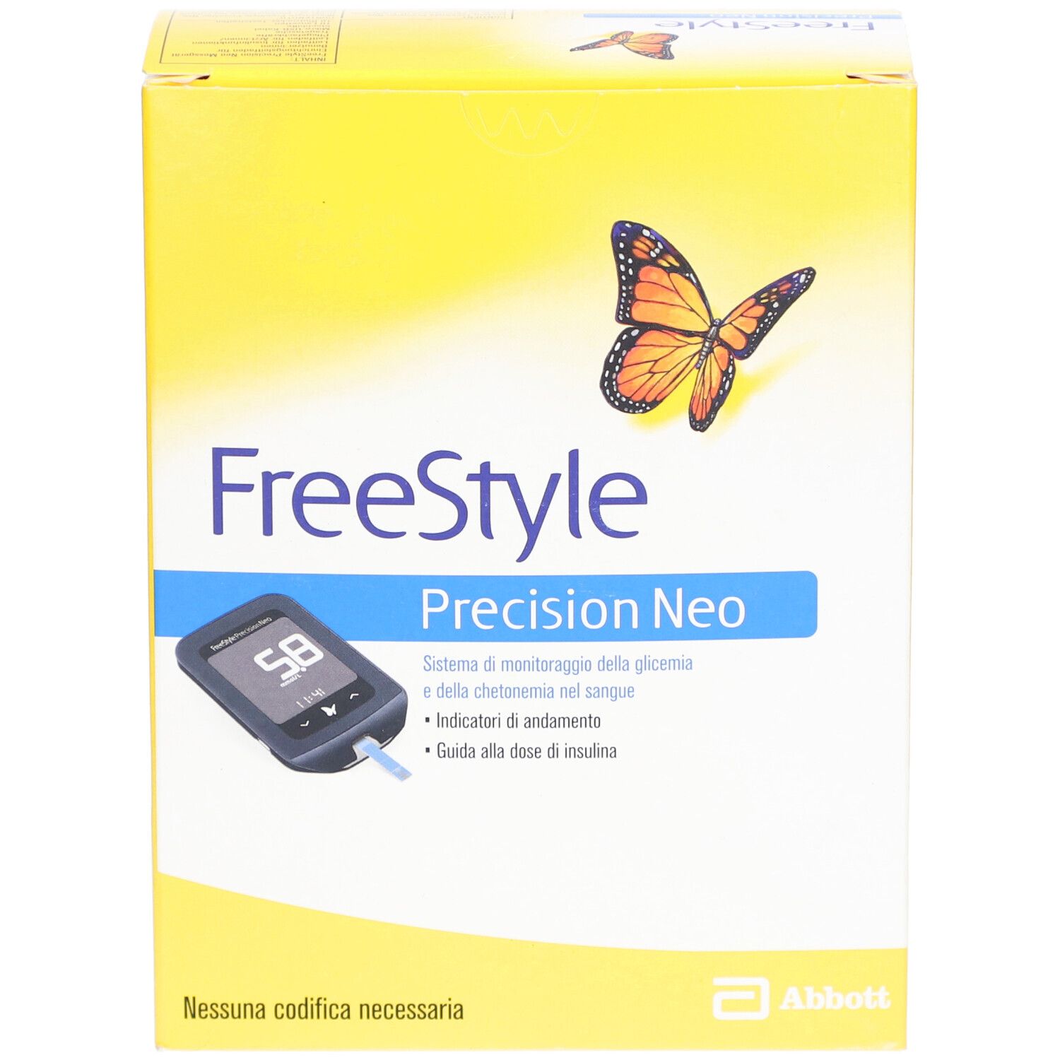 Gelbe Verpackung mit "FreeStyle Precision Neo"-Logo, Schmetterling, Messgerät-Abbildung und Text. Abbott-Logo.