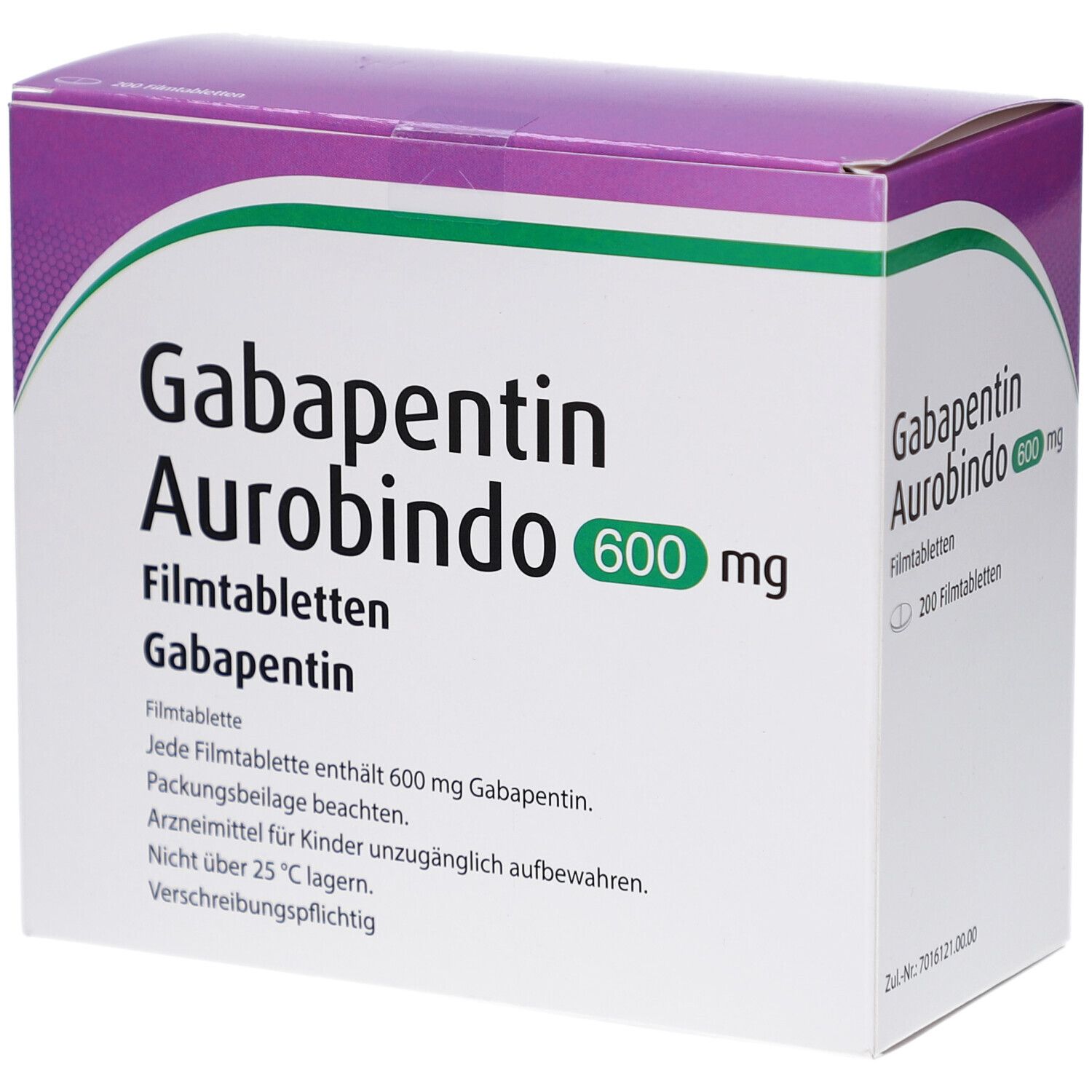 Schachtel mit GABAPENTIN Aurobindo 600 mg Filmtabletten. Lila und weiß. Text: GABAPENTIN Aurobindo, 600 mg, Filmtabletten.
