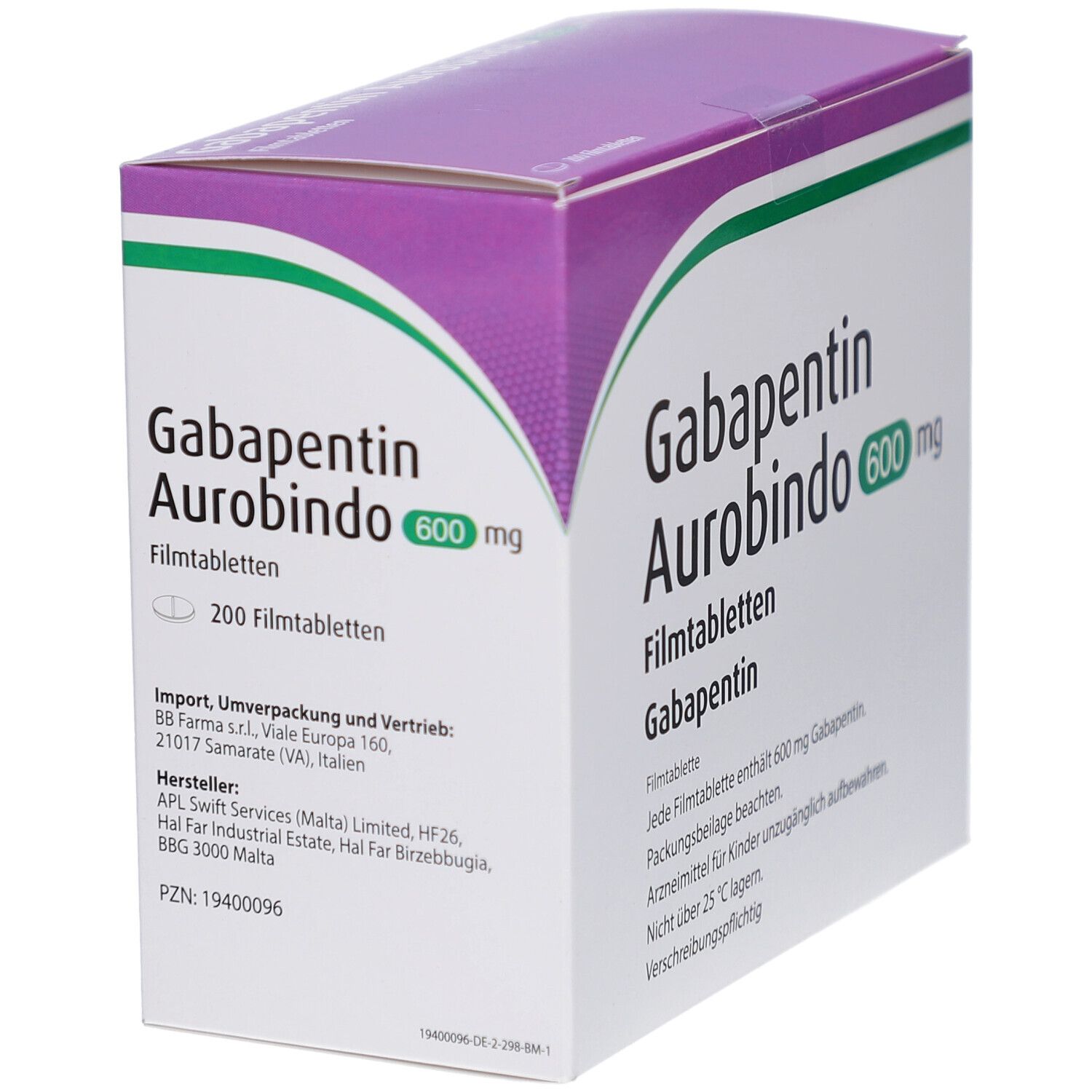 Schachtel mit GABAPENTIN Aurobindo 600 mg Filmtabletten. Lila und weiß. Text: GABAPENTIN Aurobindo, 600 mg, 200 Filmtabletten.