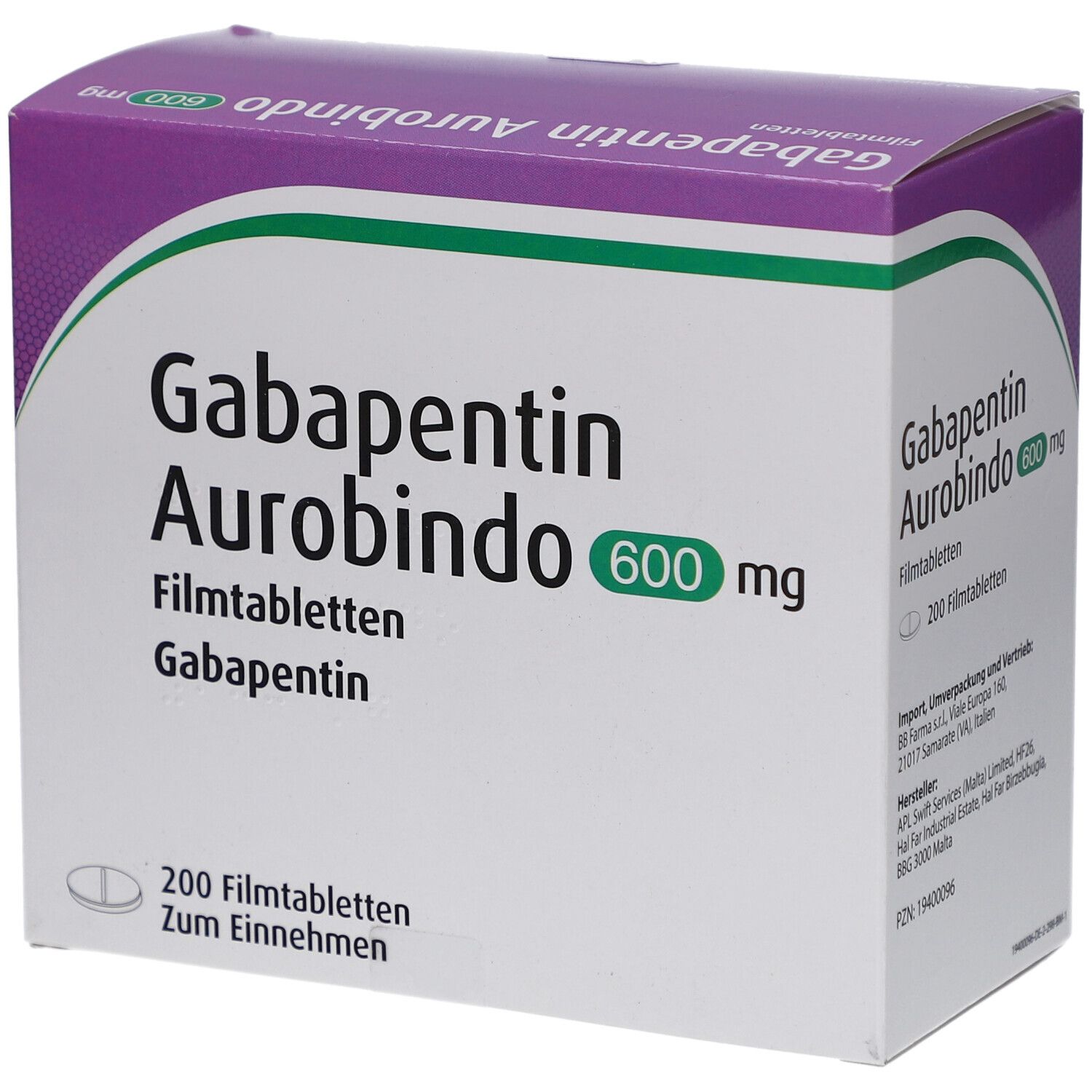 Schachtel mit GABAPENTIN Aurobindo 600 mg Filmtabletten. Lila und weiß. Text: GABAPENTIN Aurobindo, 600 mg, 200 Filmtabletten.