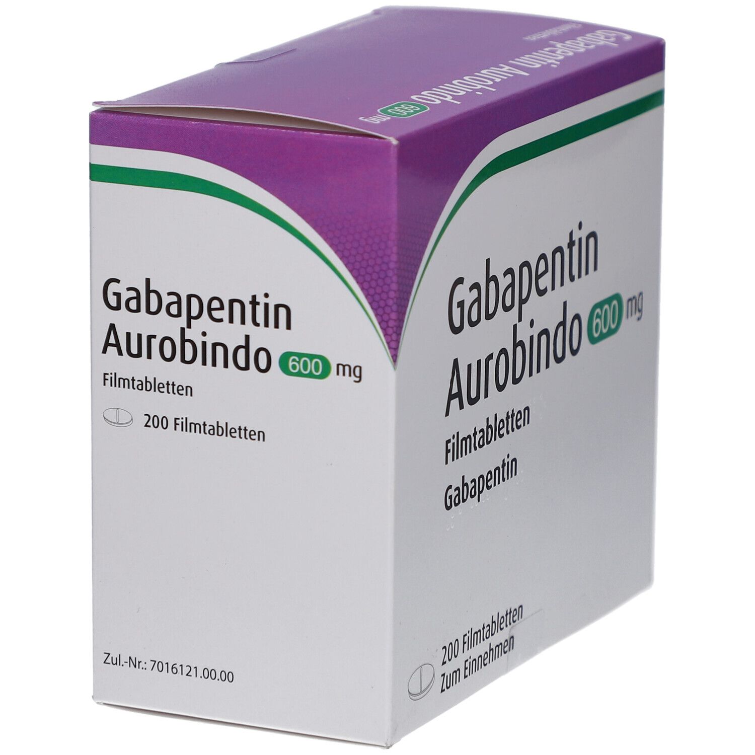 Schachtel mit GABAPENTIN Aurobindo 600 mg Filmtabletten. Lila und weiß. Text: GABAPENTIN Aurobindo, 600 mg, 200 Filmtabletten.
