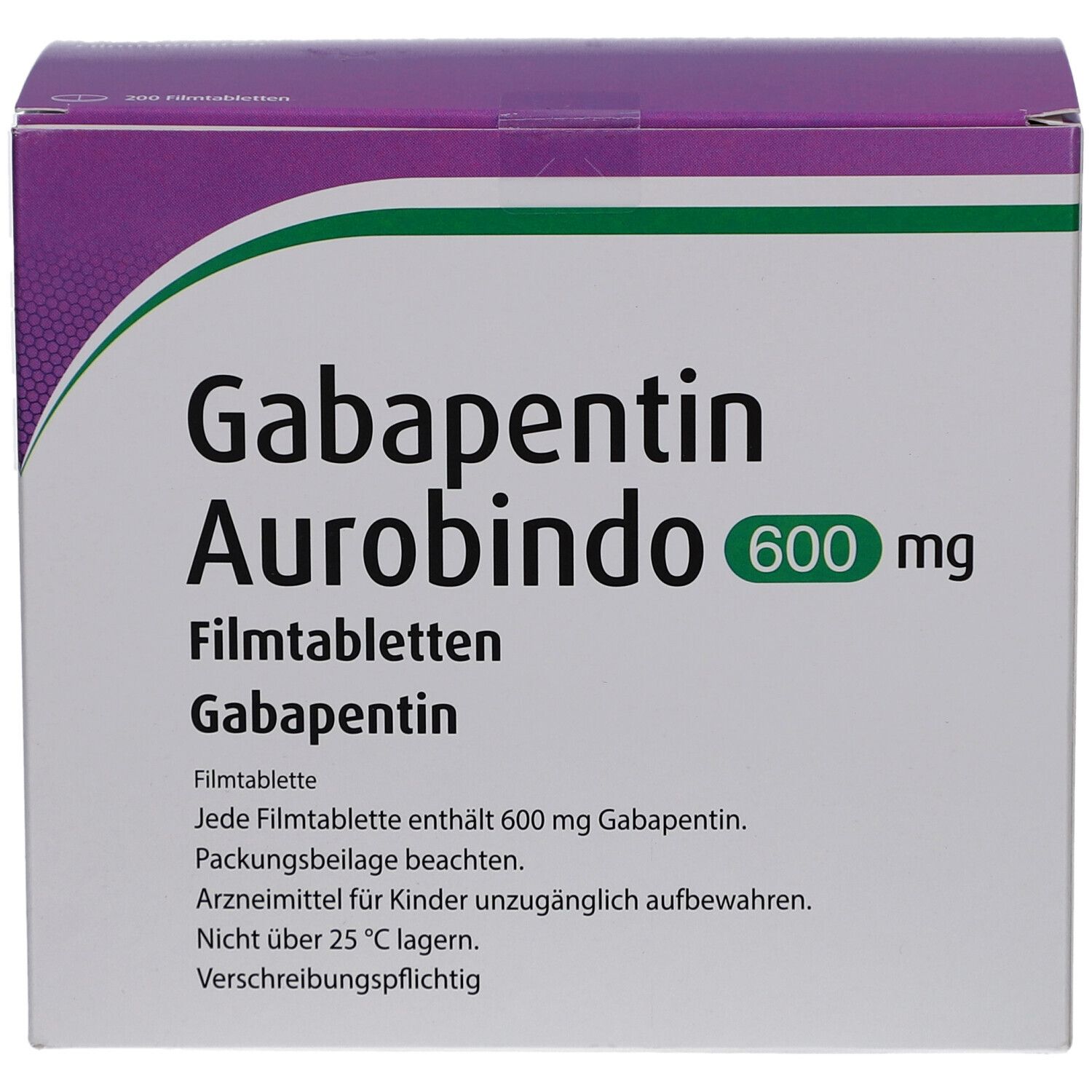 Schachtel mit GABAPENTIN Aurobindo 600 mg Filmtabletten. Lila und weiß. Text: GABAPENTIN Aurobindo, 600 mg, Filmtabletten.