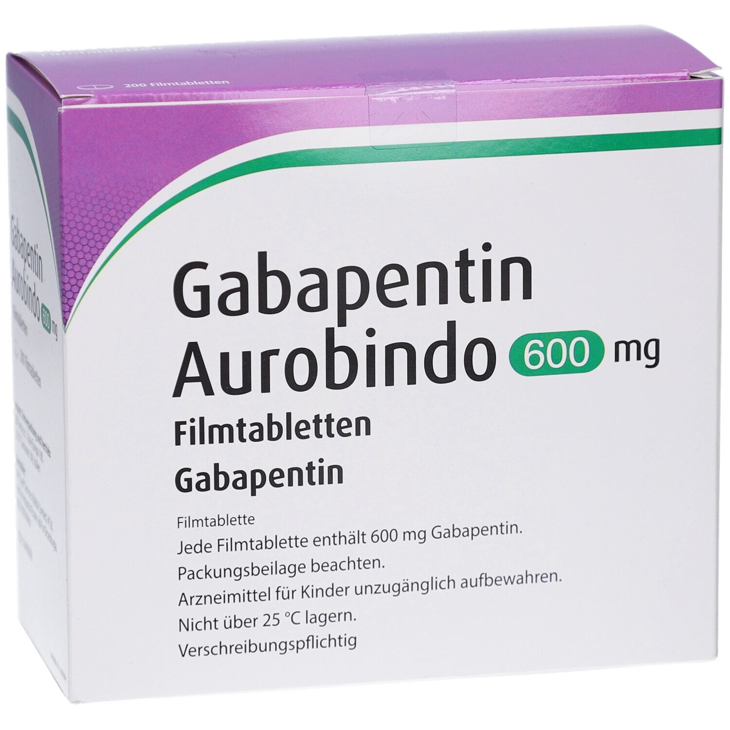 Schachtel mit GABAPENTIN Aurobindo 600 mg Filmtabletten. Lila und weiß. Text: GABAPENTIN Aurobindo, 600 mg, Filmtabletten.
