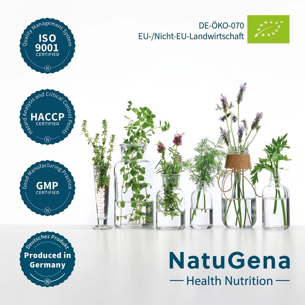 Zertifizierungen und Kräuter in Vasen. ISO 9001, HACCP, GMP, Deutsches Produkt. Marke: NatuGena - Health Nutrition.