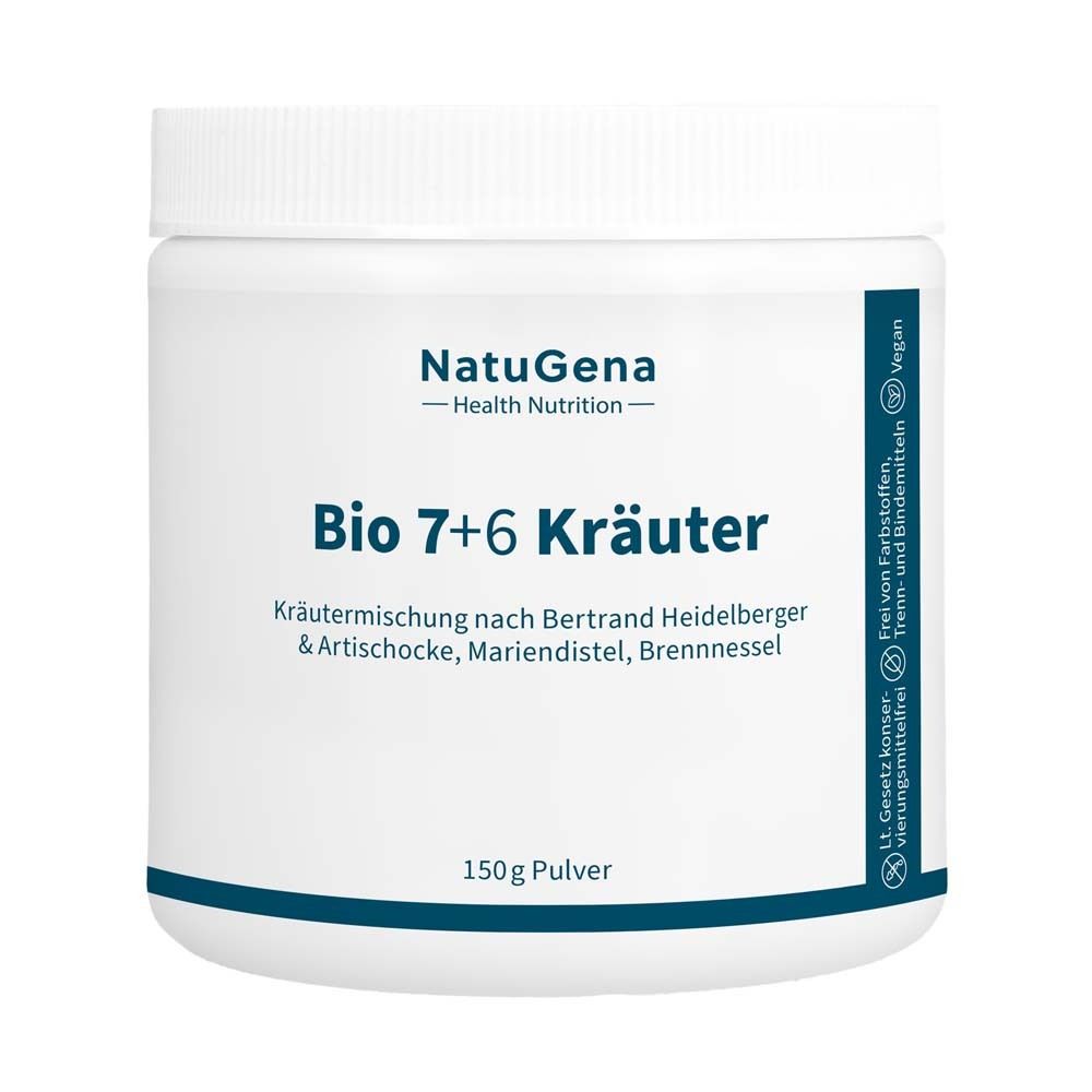 Weißes Produktglas mit Deckel. Aufschrift: NatuGena, Bio 7+6 Kräuter, 150g Pulver. Vegan-Siegel.