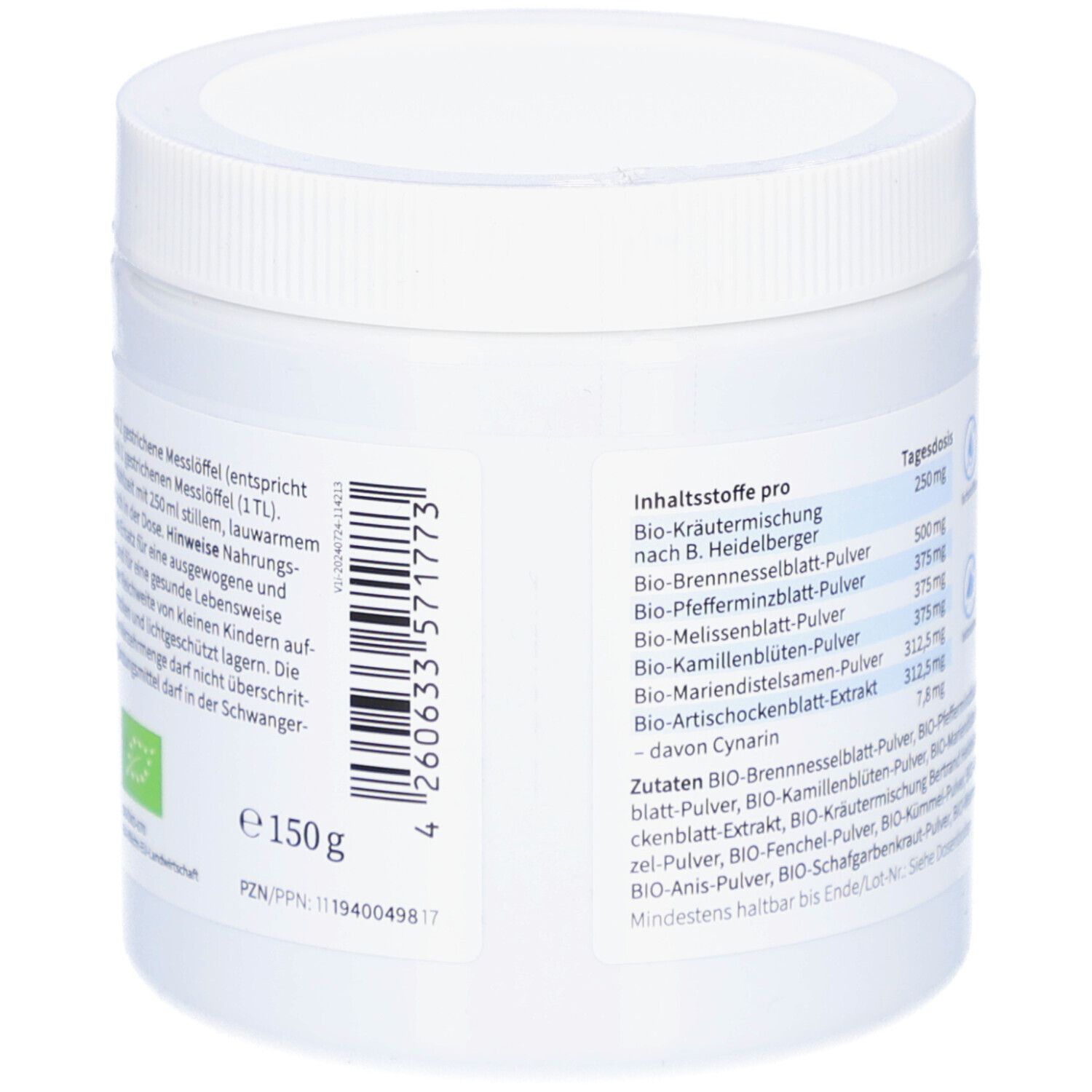 Weißes Produktgefäß mit Aufdruck. Auf der Seite: Inhaltsstoffe pro Tagesdosis. Barcode und Angaben zur Menge: 150g.