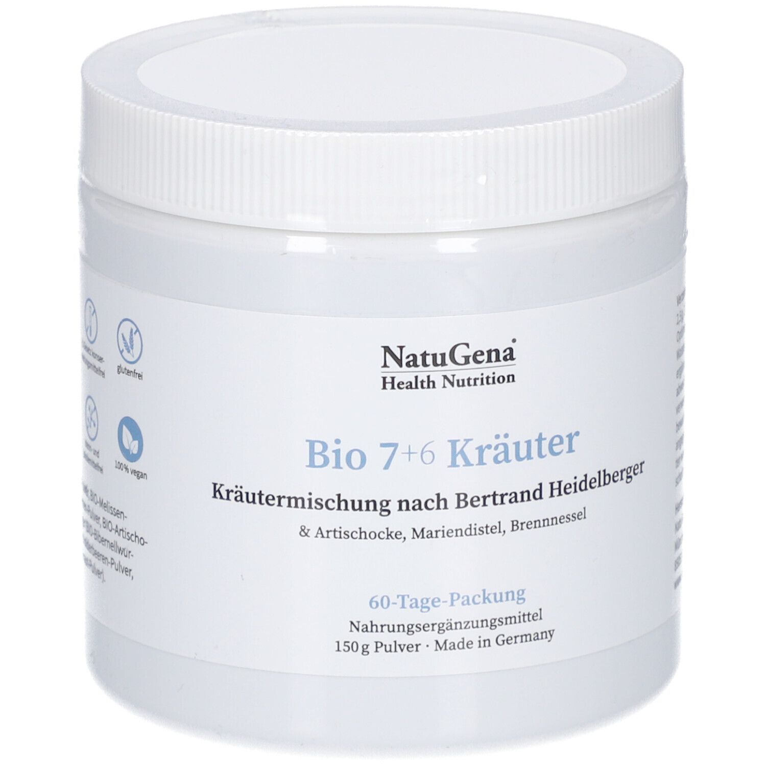 Weißes, zylindrisches Produktgefäß mit Schraubverschluss. Aufschrift: Bio 7+6 Kräuter, 60-Tage-Packung, 150g Pulver. Logo: NatuGena.