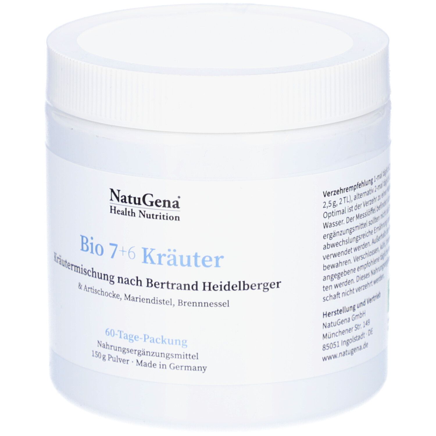 Weißes Produktgefäß mit Schraubverschluss. Aufschrift: Bio 7+6 Kräuter. Text: Verzehrempfehlung. Logo: NatuGena.