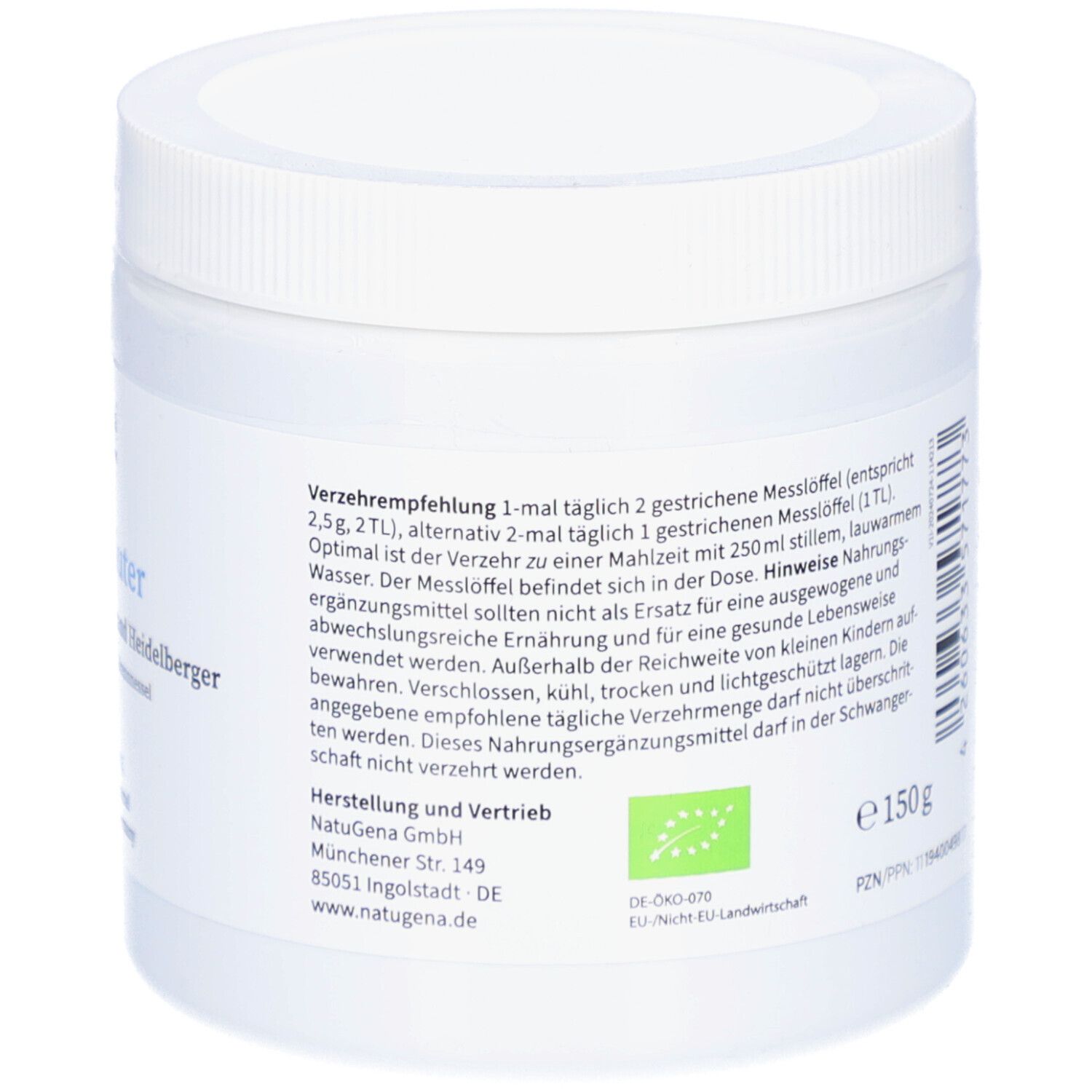 Weißes Produktgefäß mit Schraubverschluss. Aufschrift: Verzehrempfehlung. Logo: Bio-Siegel. Angaben zur Menge: 150g.