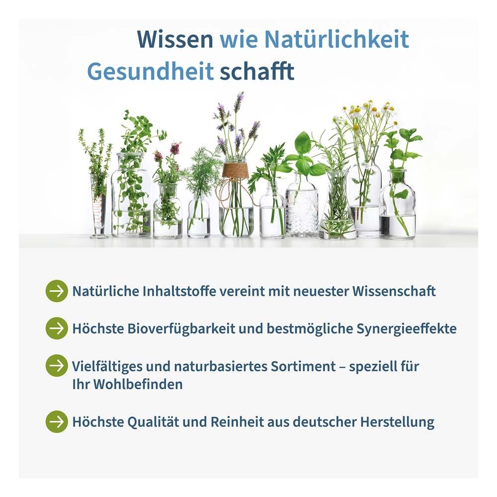 Glasflaschen mit Kräutern. Text: Wissen wie Natürlichkeit Gesundheit schafft. Text über Inhaltsstoffe.