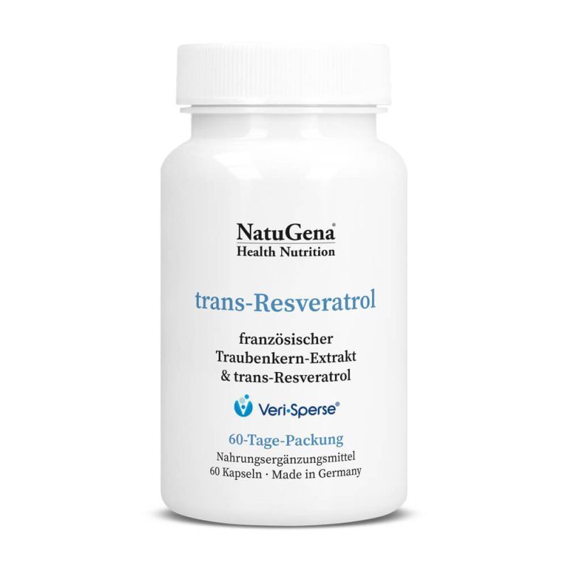Weiße Flasche mit Schraubverschluss. Aufschrift: NatuGena, trans-Resveratrol, Veri-Sperse. 60-Tage-Packung, 60 Kapseln.
