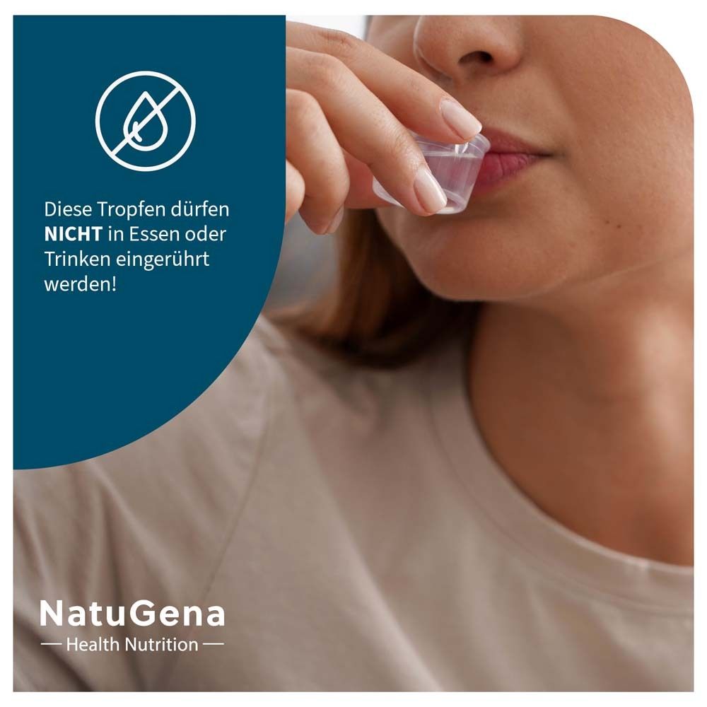 Frau trinkt aus einem Messbecher. Text: Diese Tropfen dürfen NICHT in Essen oder Trinken eingerührt werden!