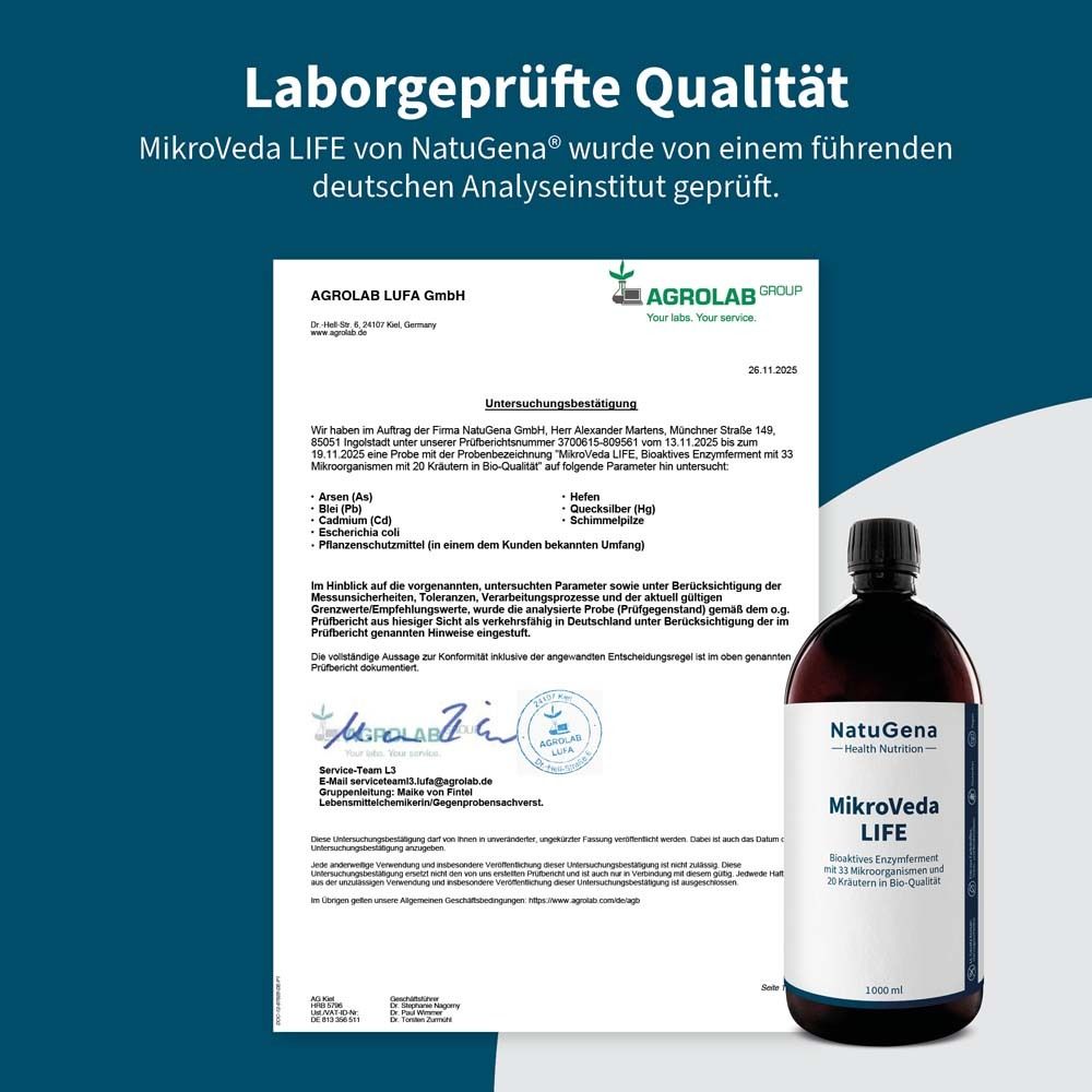 Laborbericht. MikroVeda LIFE von NatuGena. Unterschrift. Flasche MikroVeda LIFE.