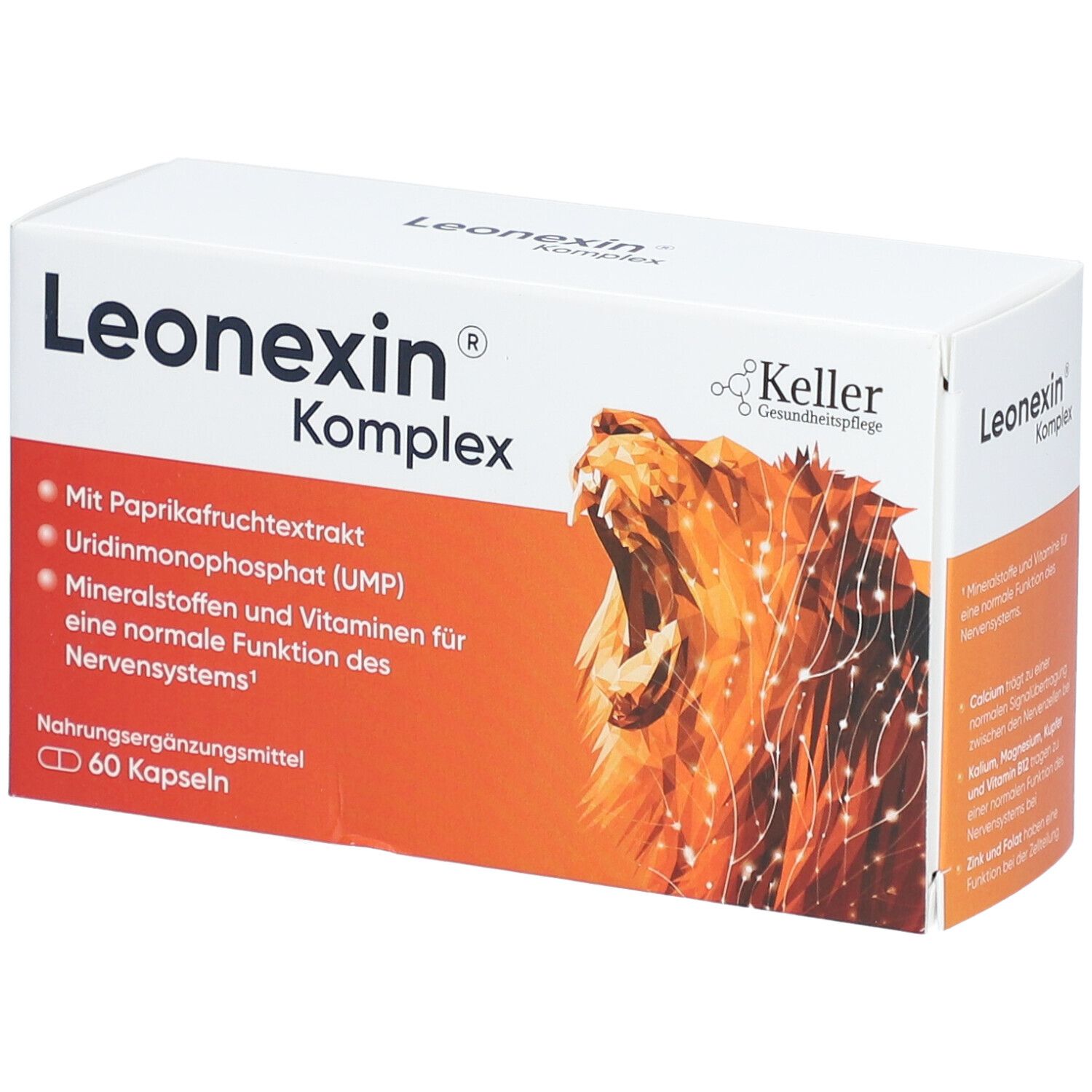 Weiß-orange Schachtel mit LEONEXIN Komplex. Enthält 60 Kapseln. Keller Gesundheitspflege Logo. Löwen-Illustration.