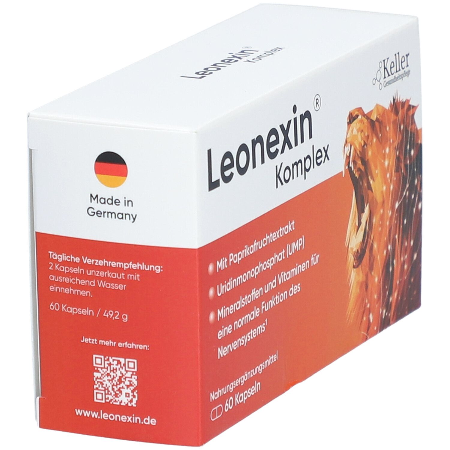 Schachtel LEONEXIN Komplex mit Deutschland-Flagge. Enthält 60 Kapseln. QR-Code. Text: Tägl. Verzehrempfehlung: 2 Kapseln.