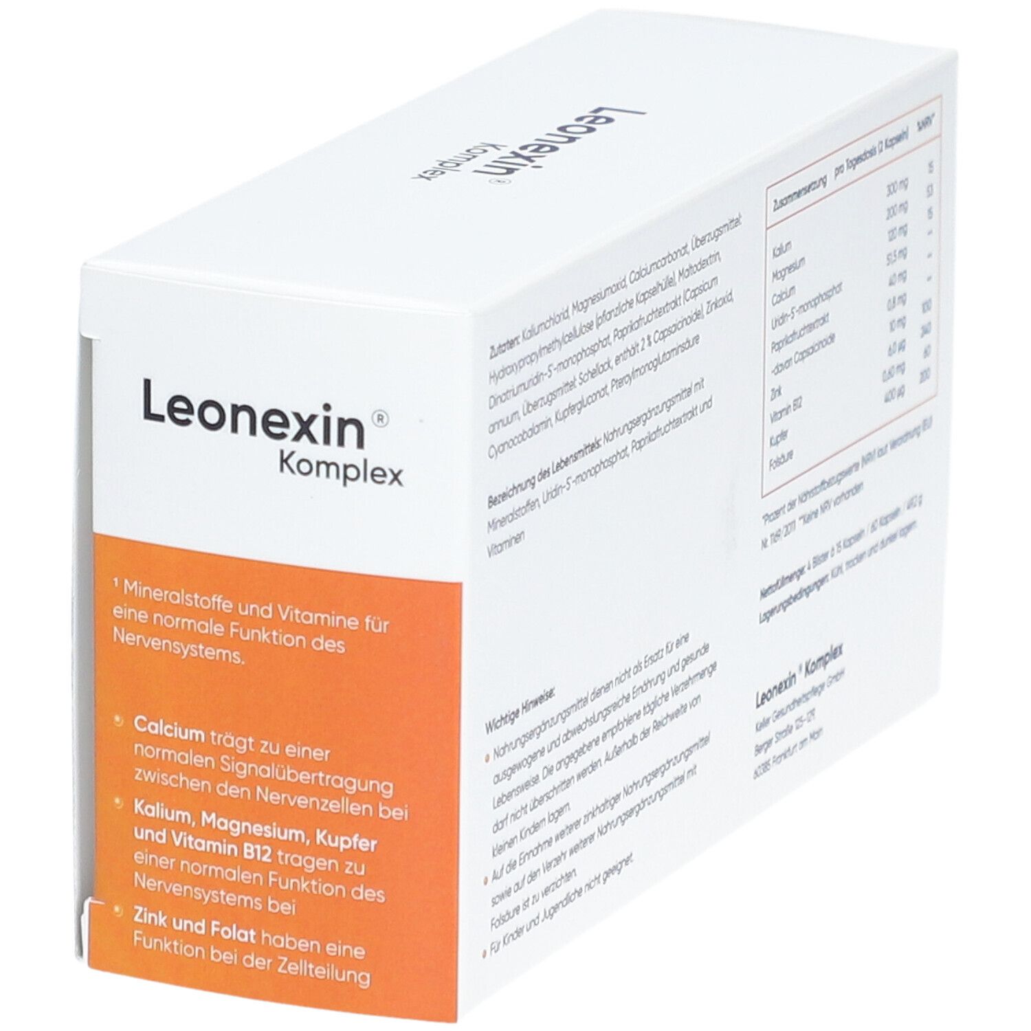 Schachtel LEONEXIN Komplex. Enthält Nährwertangaben. Text: Mineralstoffe und Vitamine für normale Nervenfunktion.
