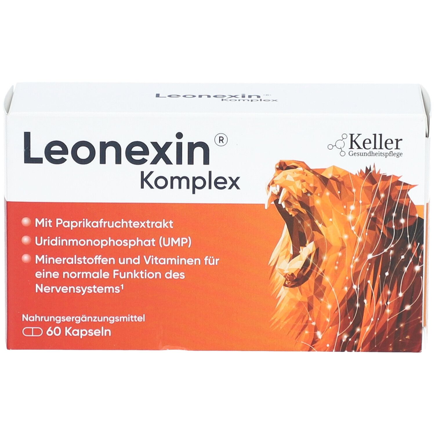 Weiß-orange Schachtel mit LEONEXIN Komplex. Enthält 60 Kapseln. Keller Gesundheitspflege Logo. Löwen-Illustration.