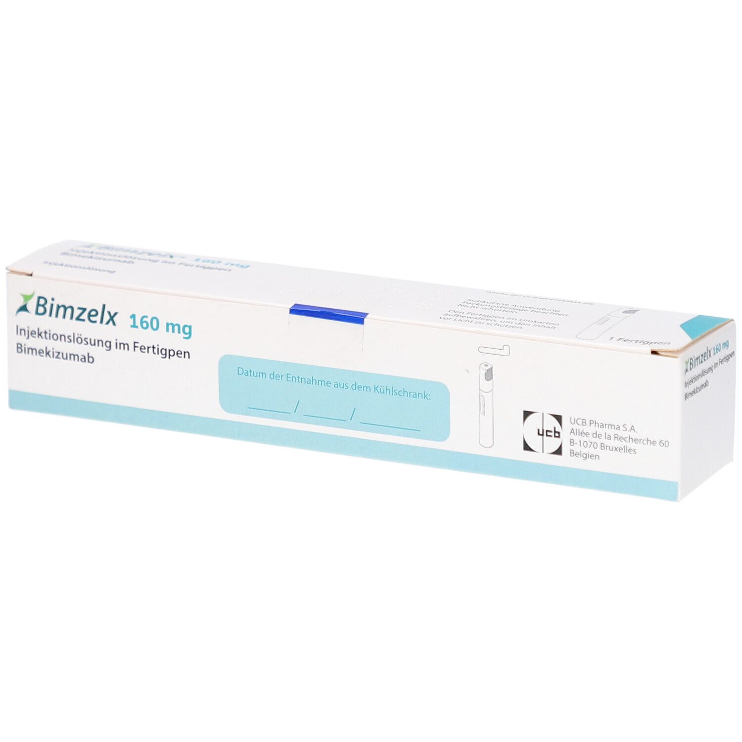Bimzelx 160 mg Injektionslösung im Fertigpen. Weiße Schachtel mit blauer Markierung. UCB Pharma Logo.