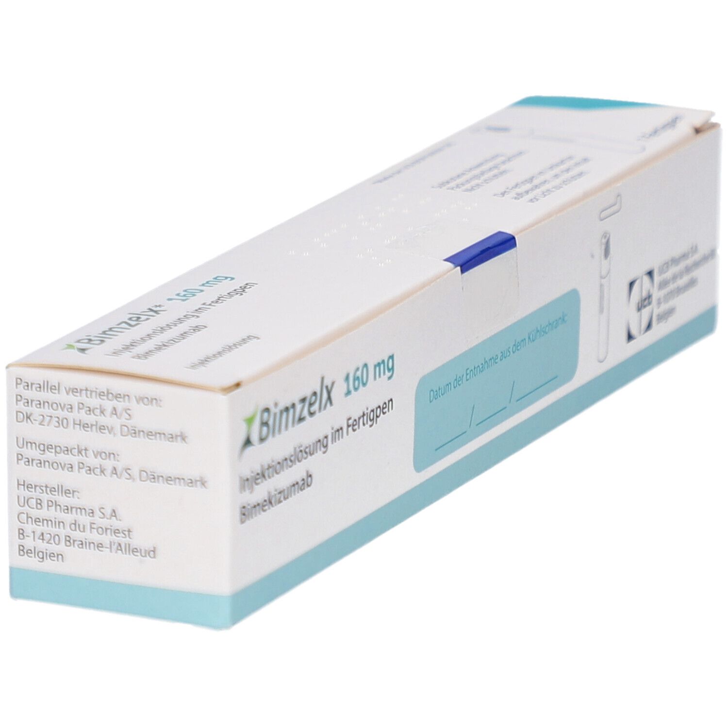 Bimzelx 160 mg Injektionslösung im Fertigpen. Schachtel, schräg. Text: UCB Pharma, Braine-l'Alleud, Belgien.